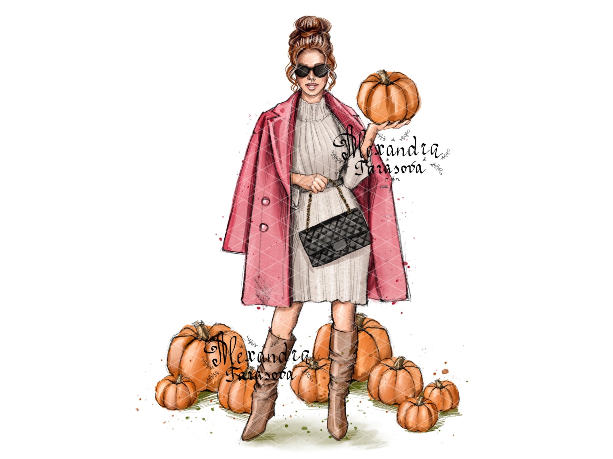 Digital watercolor illustration instant download fashion pumpkin