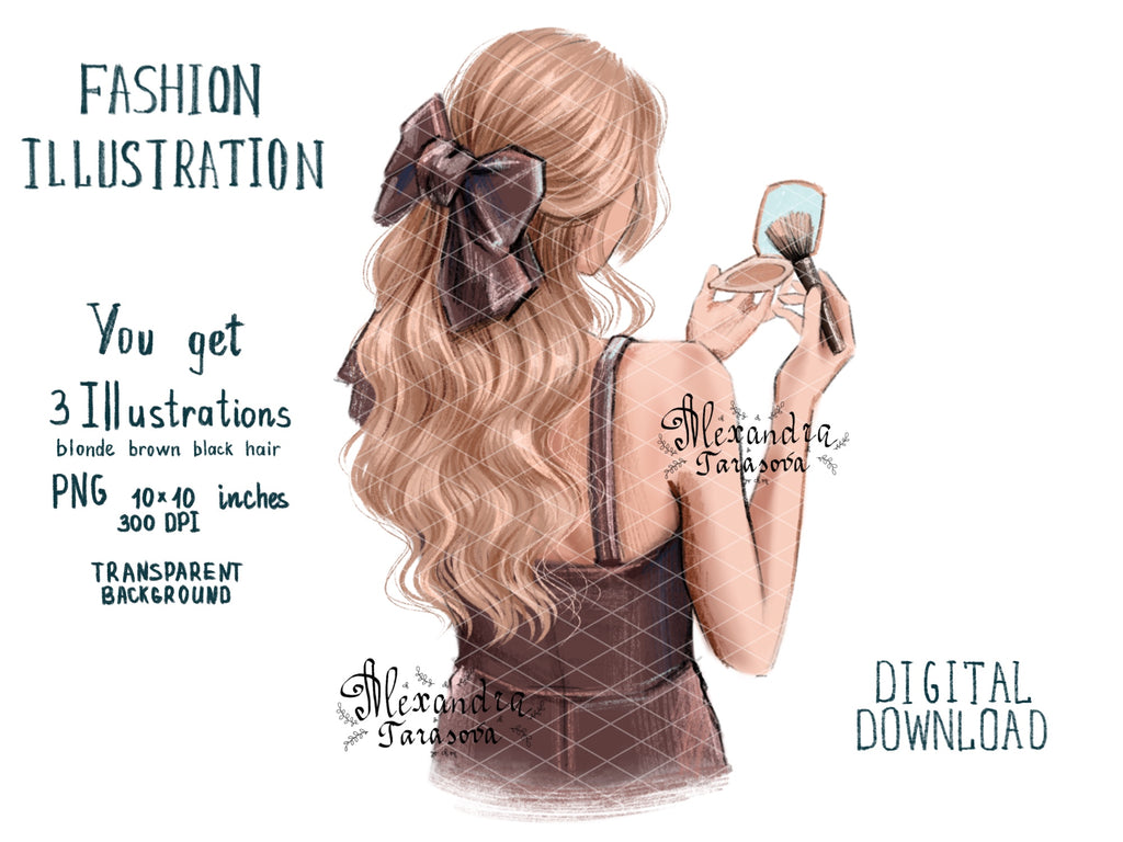 Digital Illustration Fashion Girl Trendy Hairstyles Wavy Long Hair Stylish Black Dress Watercolor Painting
