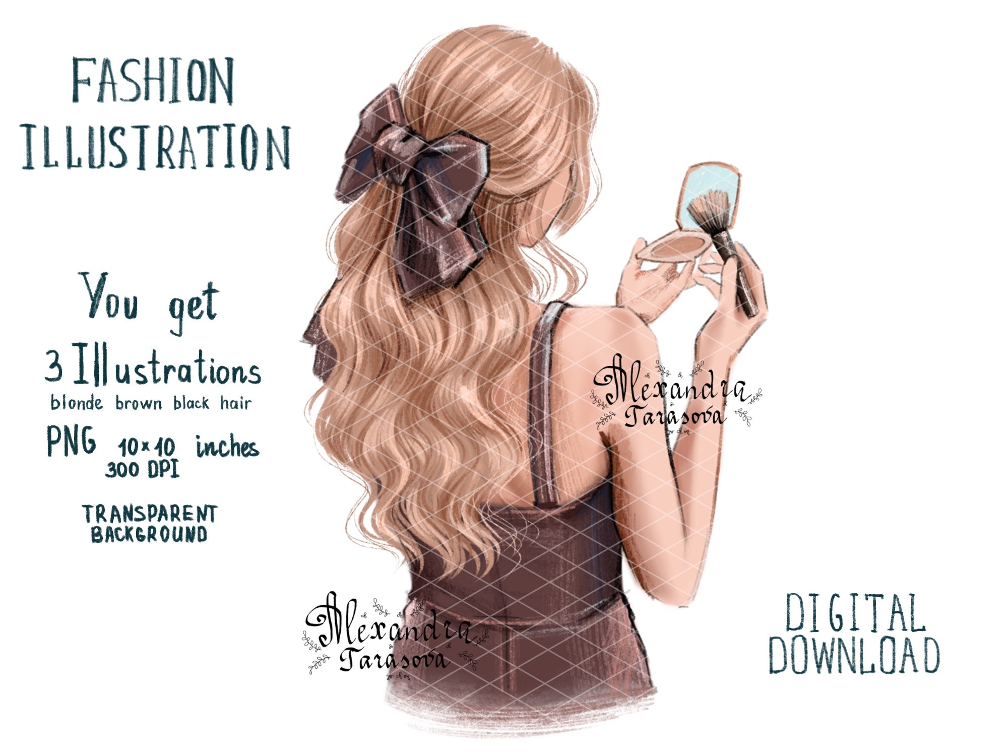 Digital Illustration Fashion Girl Trendy Hairstyles Wavy Long Hair Stylish Black Dress Watercolor Painting