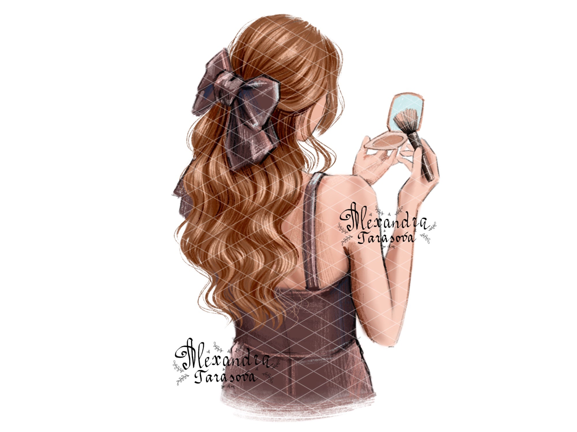 Digital Illustration Fashion Girl Trendy Hairstyles Wavy Long Hair Stylish Black Dress Watercolor Painting