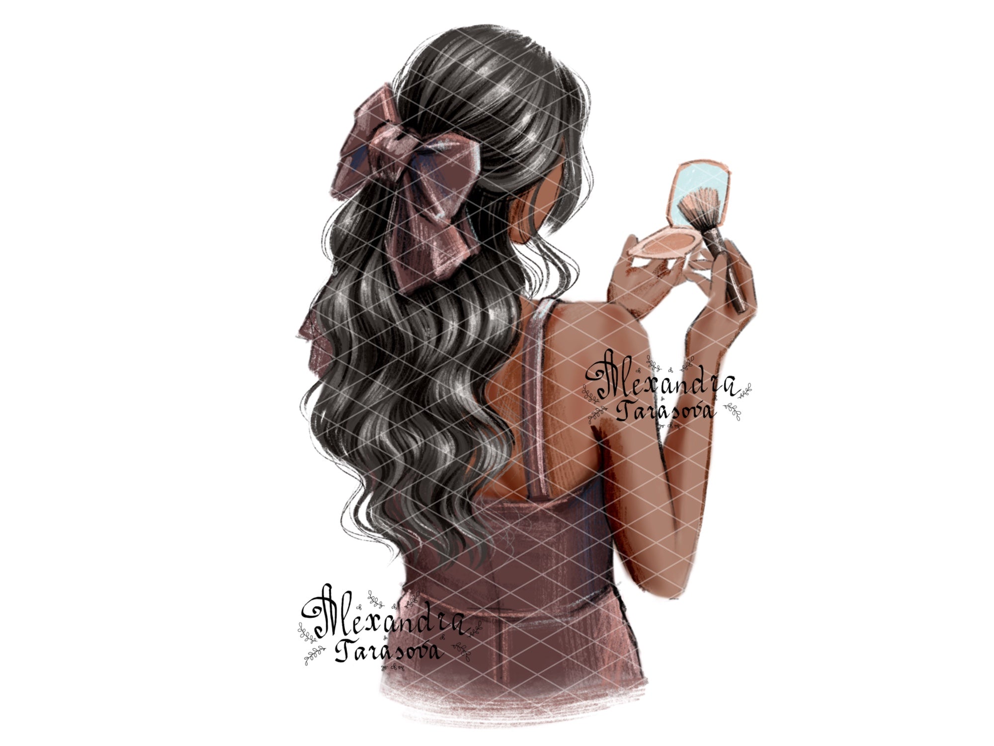 Digital Illustration Fashion Girl Trendy Hairstyles Wavy Long Hair Stylish Black Dress Watercolor Painting