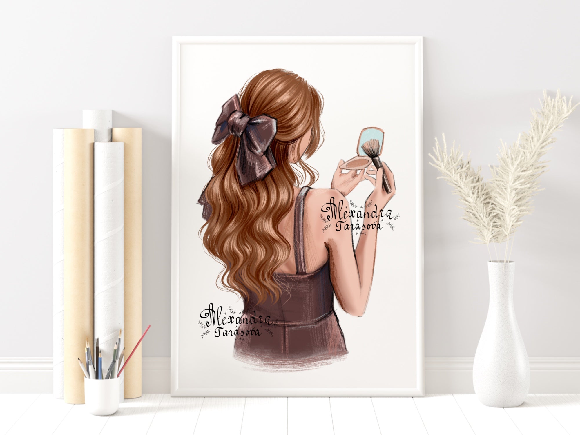 Digital Illustration Fashion Girl Trendy Hairstyles Wavy Long Hair Stylish Black Dress Watercolor Painting
