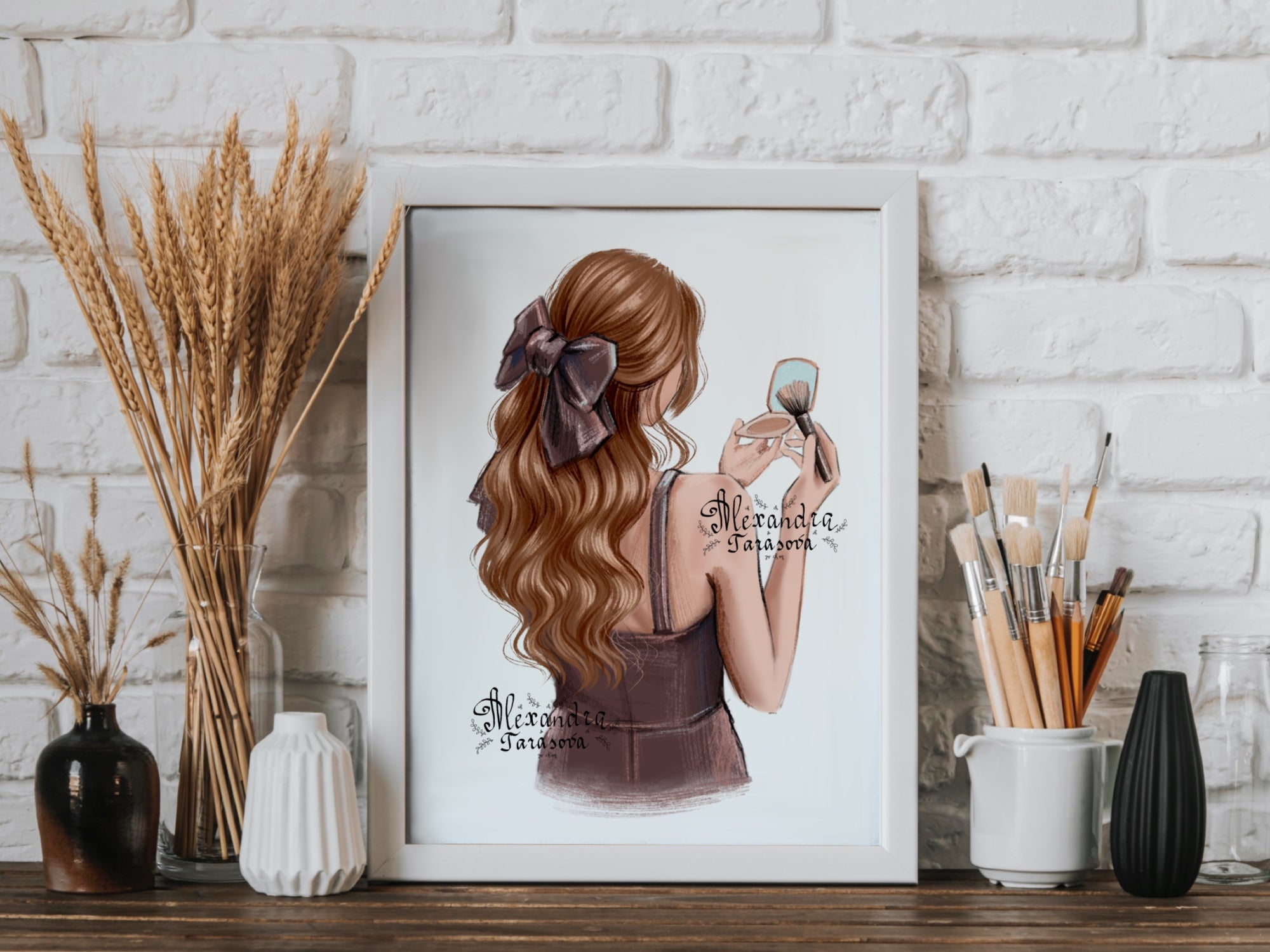 Digital Illustration Fashion Girl Trendy Hairstyles Wavy Long Hair Stylish Black Dress Watercolor Painting