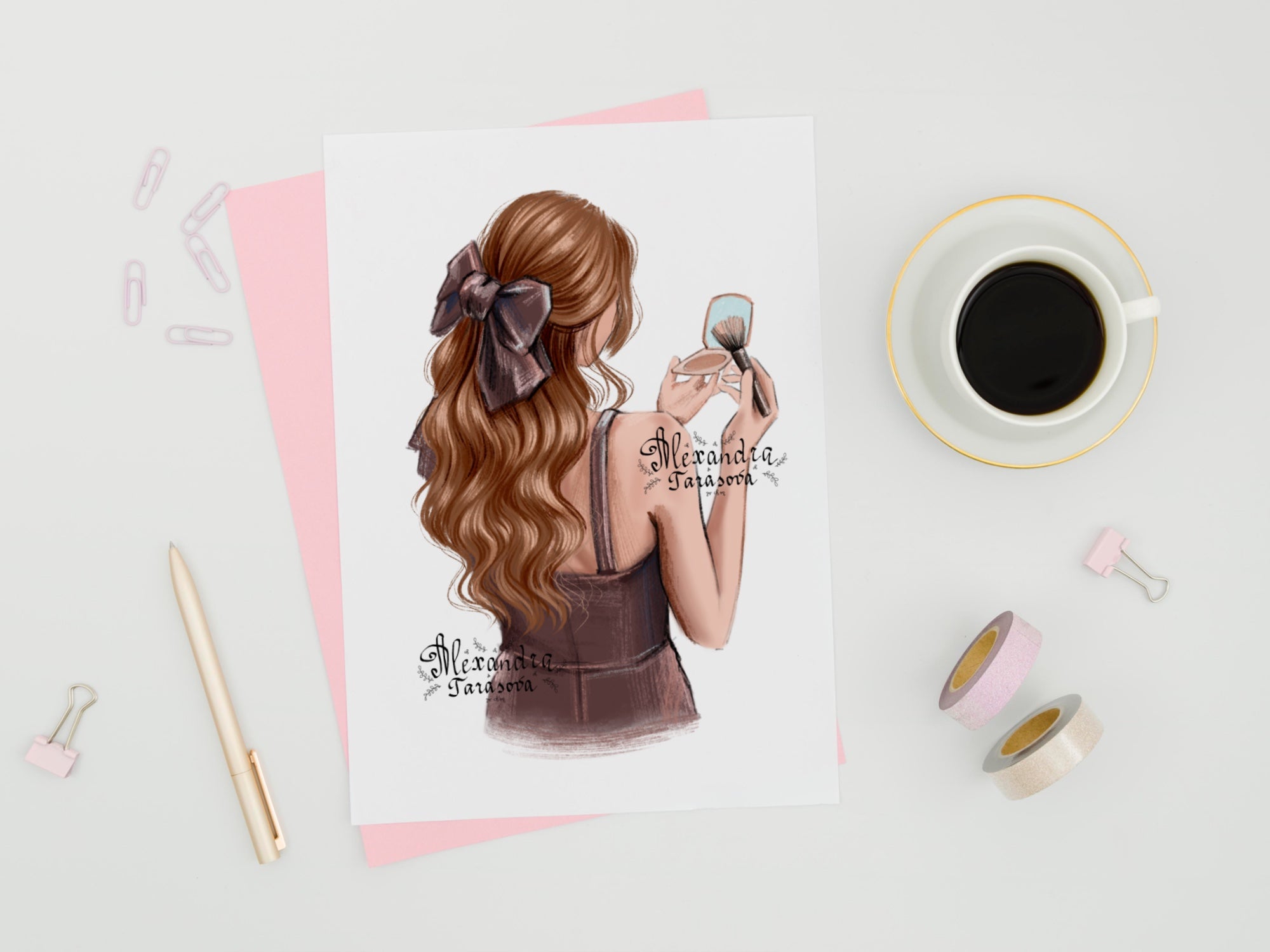 Digital Illustration Fashion Girl Trendy Hairstyles Wavy Long Hair Stylish Black Dress Watercolor Painting