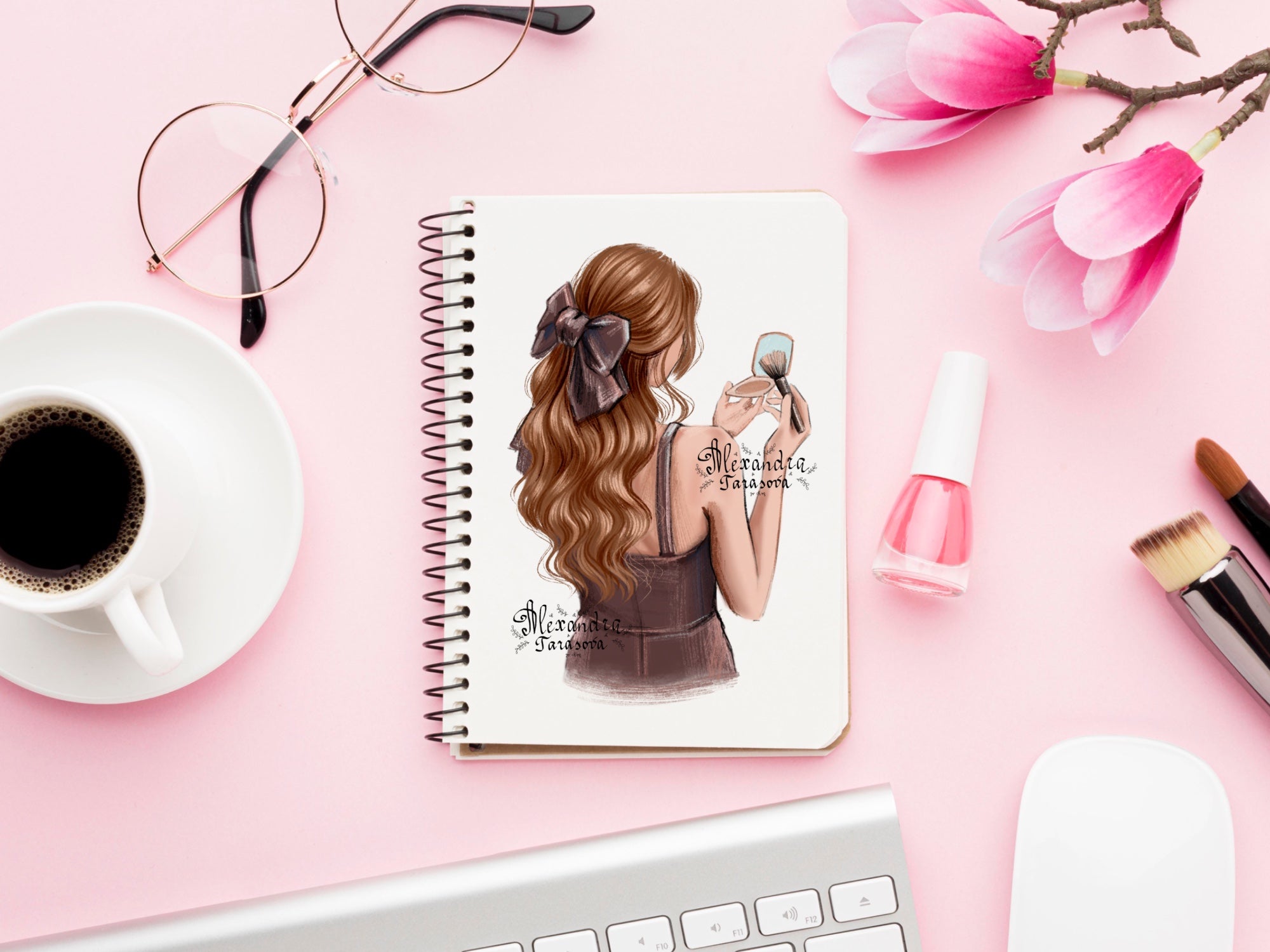 Digital Illustration Fashion Girl Trendy Hairstyles Wavy Long Hair Stylish Black Dress Watercolor Painting