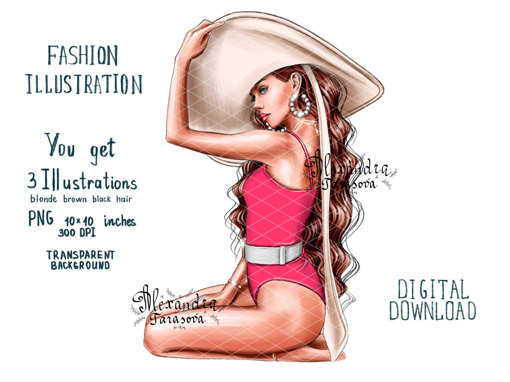 Digital Illustration Fashion Girl Trendy Red Swimsuit Wavy Hairstyles Summer Painting Watercolor Printable Art
