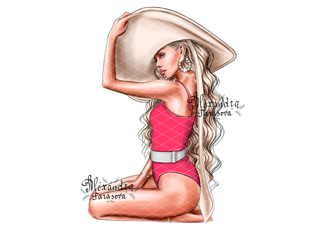 Digital Illustration Fashion Girl Trendy Red Swimsuit Wavy Hairstyles Summer Painting Watercolor Printable Art