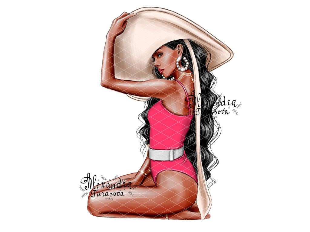 Digital Illustration Fashion Girl Trendy Red Swimsuit Wavy Hairstyles Summer Painting Watercolor Printable Art