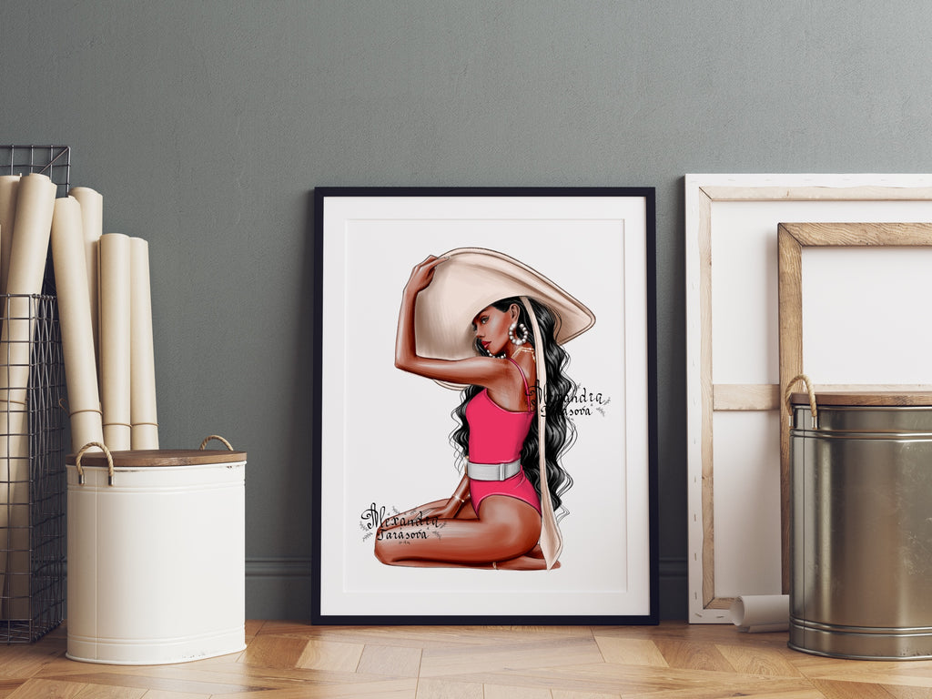 Digital Illustration Fashion Girl Trendy Red Swimsuit Wavy Hairstyles Summer Painting Watercolor Printable Art