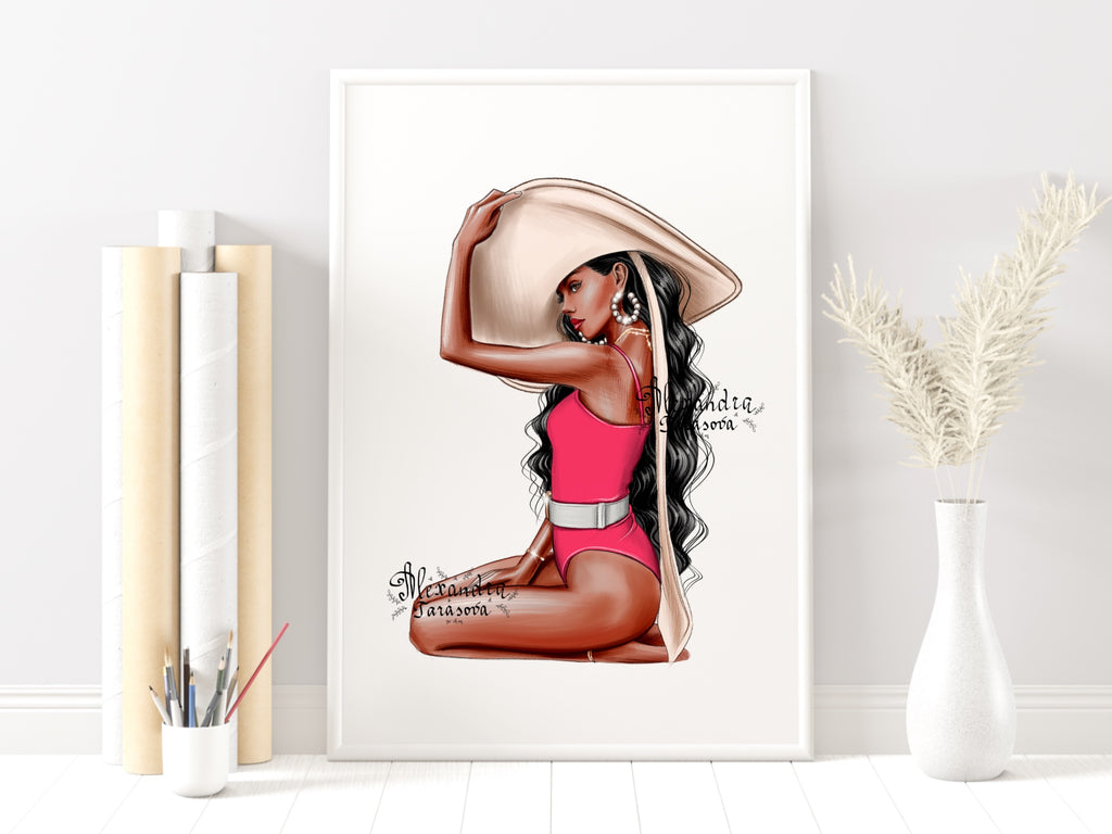 Digital Illustration Fashion Girl Trendy Red Swimsuit Wavy Hairstyles Summer Painting Watercolor Printable Art