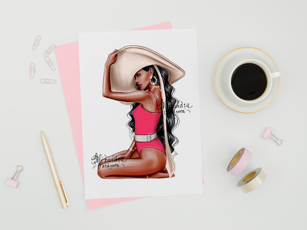 Digital Illustration Fashion Girl Trendy Red Swimsuit Wavy Hairstyles Summer Painting Watercolor Printable Art