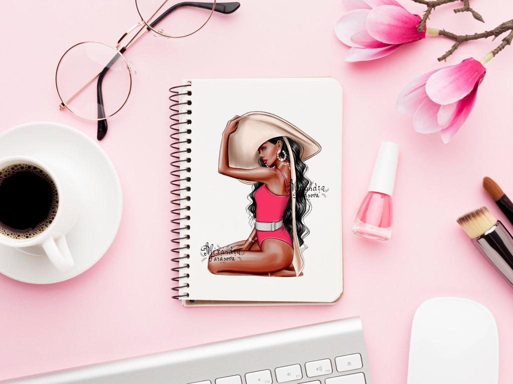 Digital Illustration Fashion Girl Trendy Red Swimsuit Wavy Hairstyles Summer Painting Watercolor Printable Art