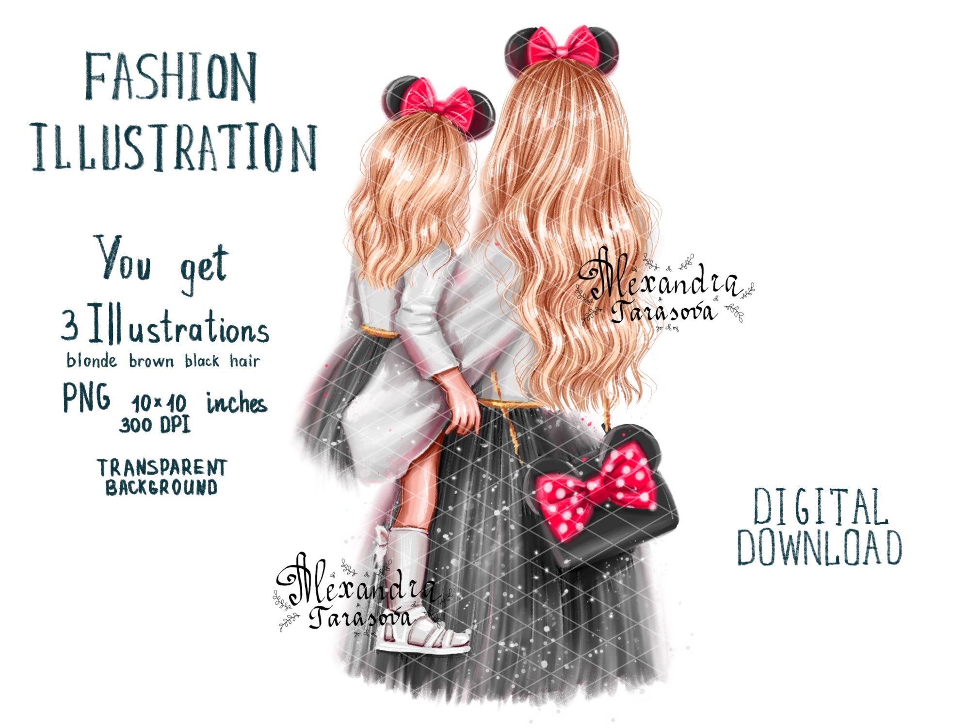 Digital Illustration Fashion Mother And Daughter Stylish Black Dress Trendy Hairstyles Watercolor Painting Printable Art
