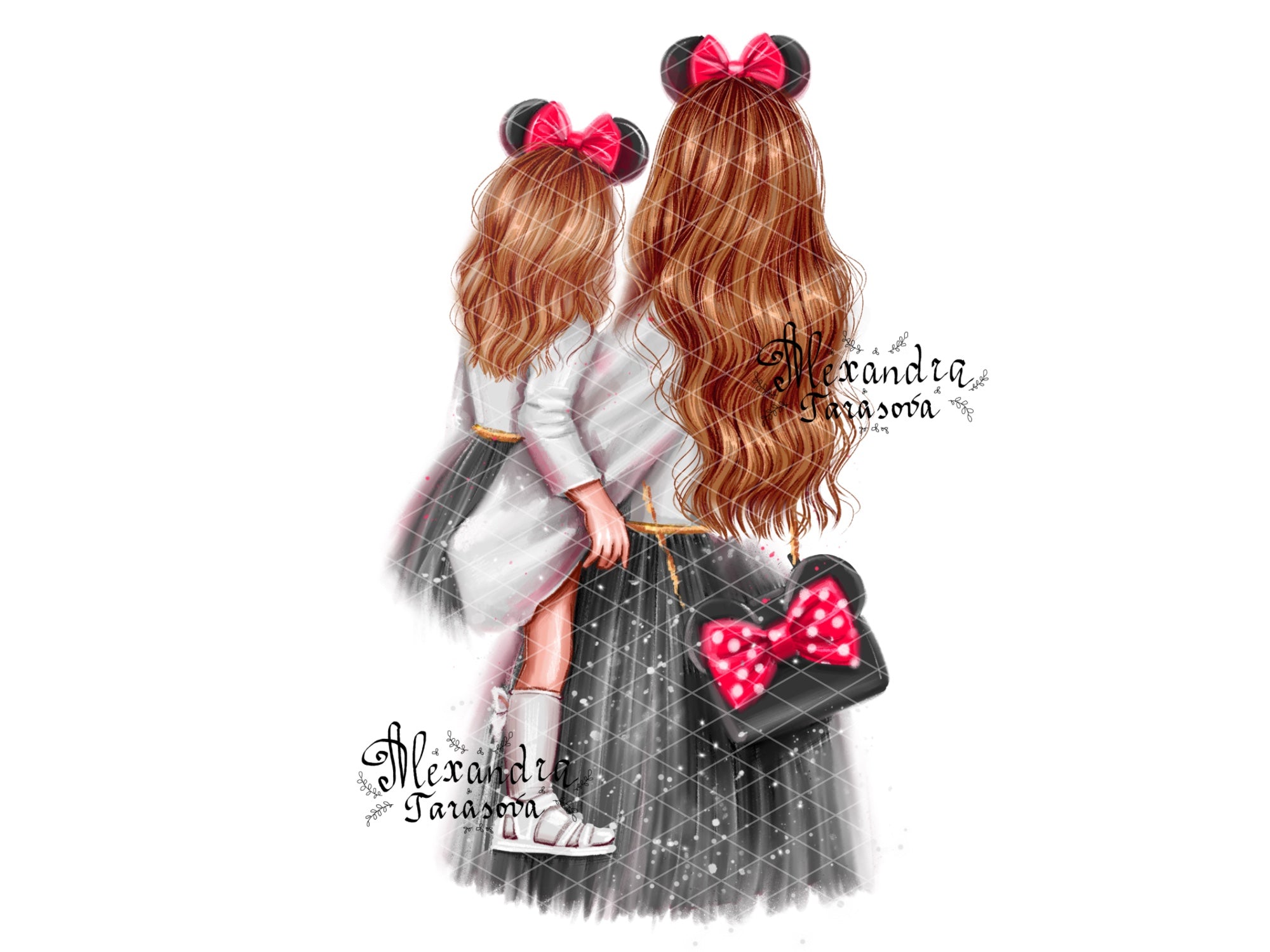 Digital Illustration Fashion Mother And Daughter Stylish Black Dress Trendy Hairstyles Watercolor Painting Printable Art