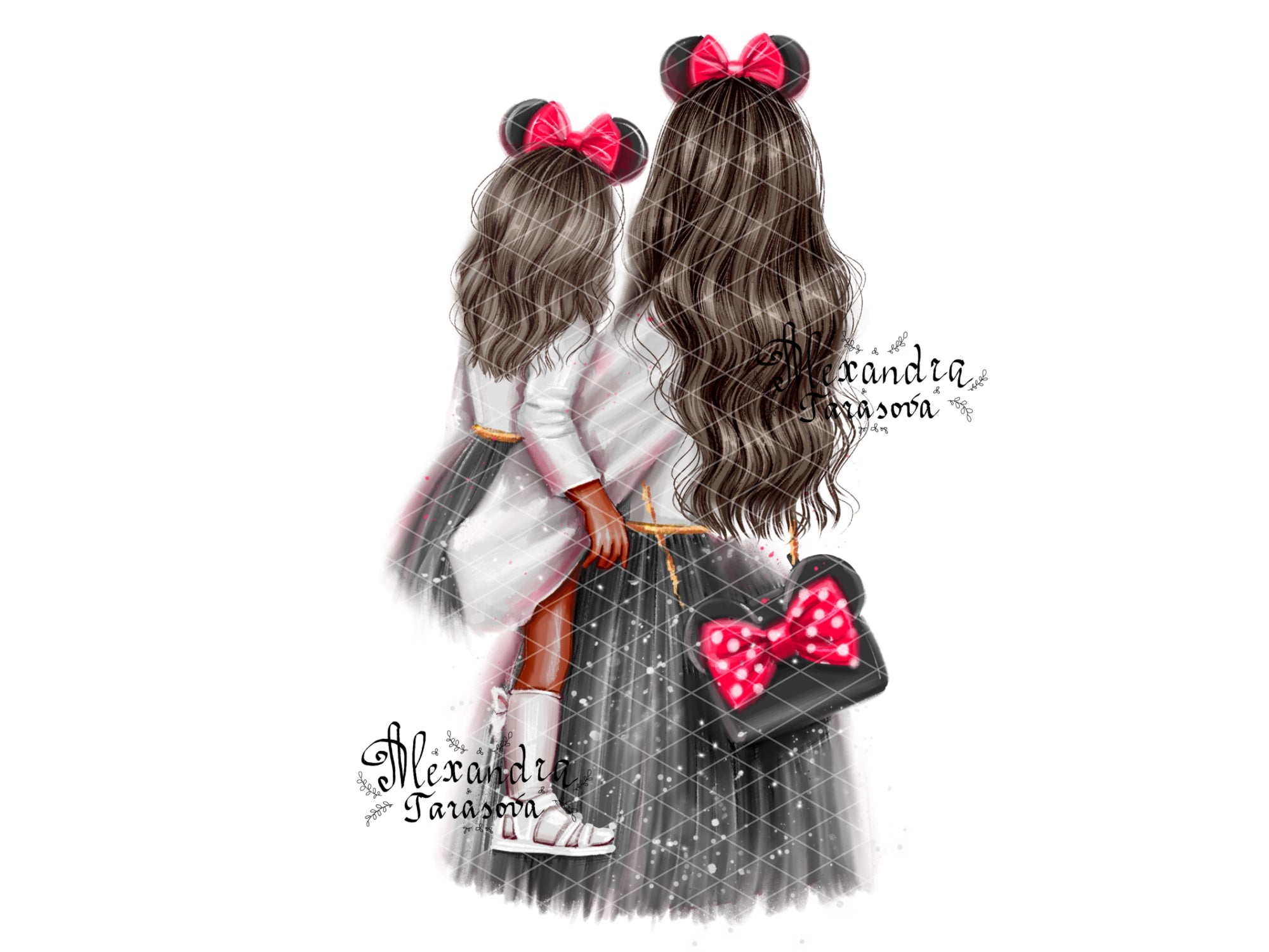 Digital Illustration Fashion Mother And Daughter Stylish Black Dress Trendy Hairstyles Watercolor Painting Printable Art