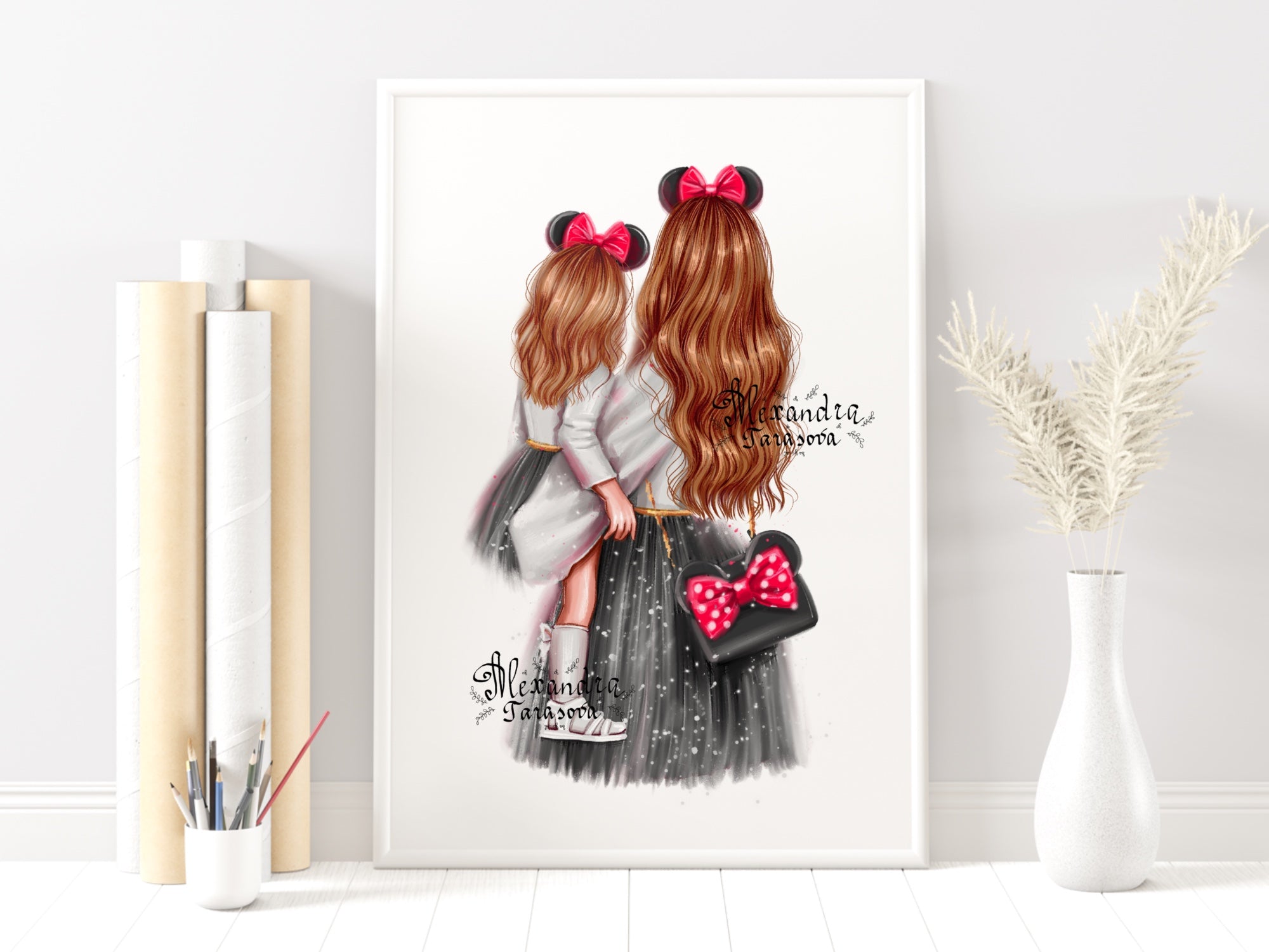 Digital Illustration Fashion Mother And Daughter Stylish Black Dress Trendy Hairstyles Watercolor Painting Printable Art