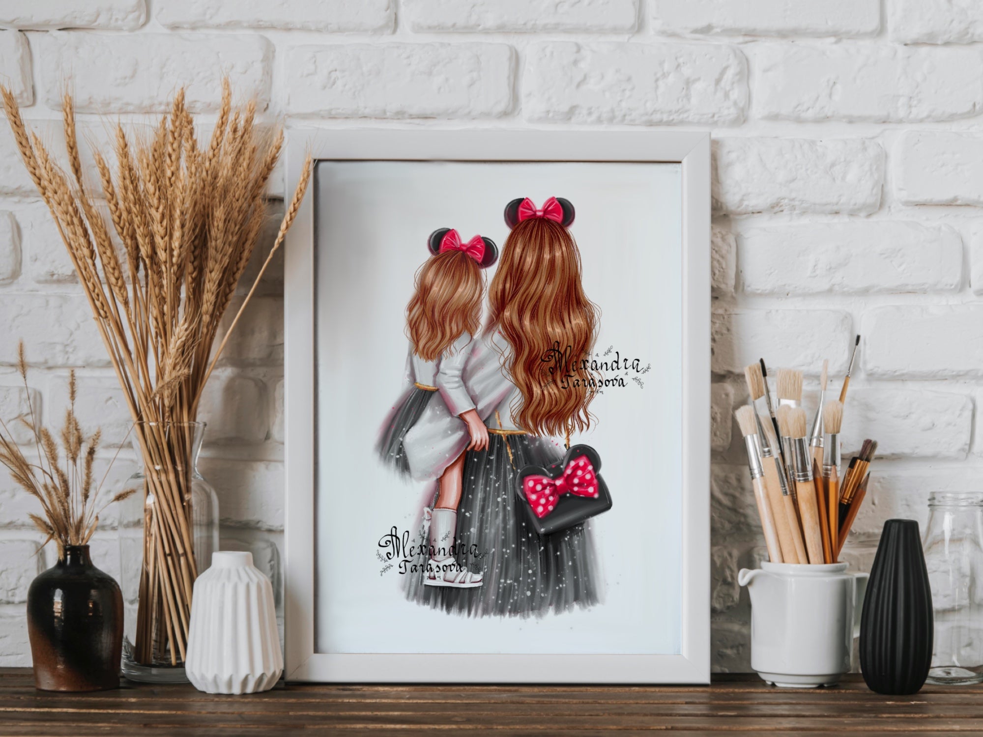 Digital Illustration Fashion Mother And Daughter Stylish Black Dress Trendy Hairstyles Watercolor Painting Printable Art