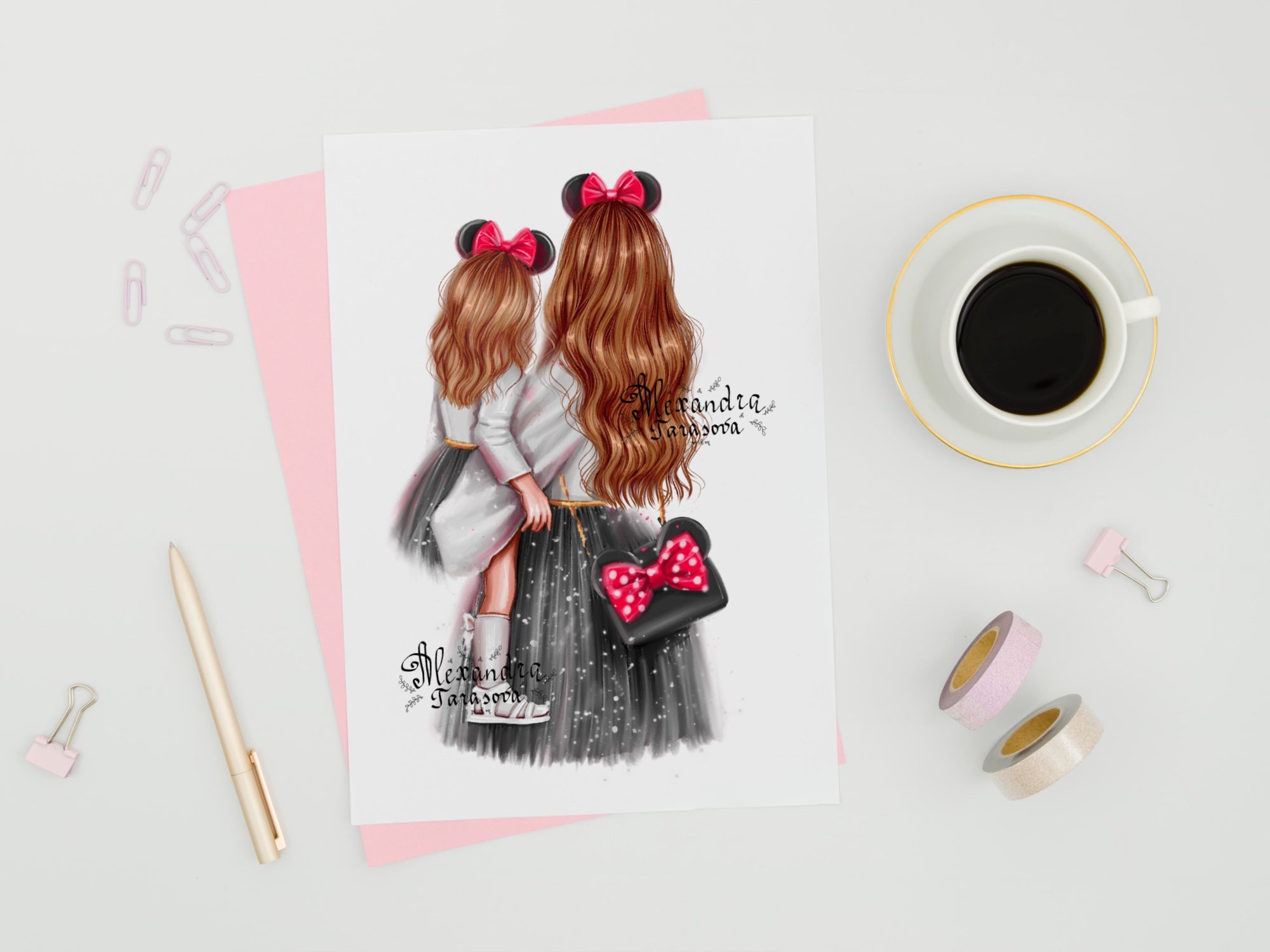 Digital Illustration Fashion Mother And Daughter Stylish Black Dress Trendy Hairstyles Watercolor Painting Printable Art