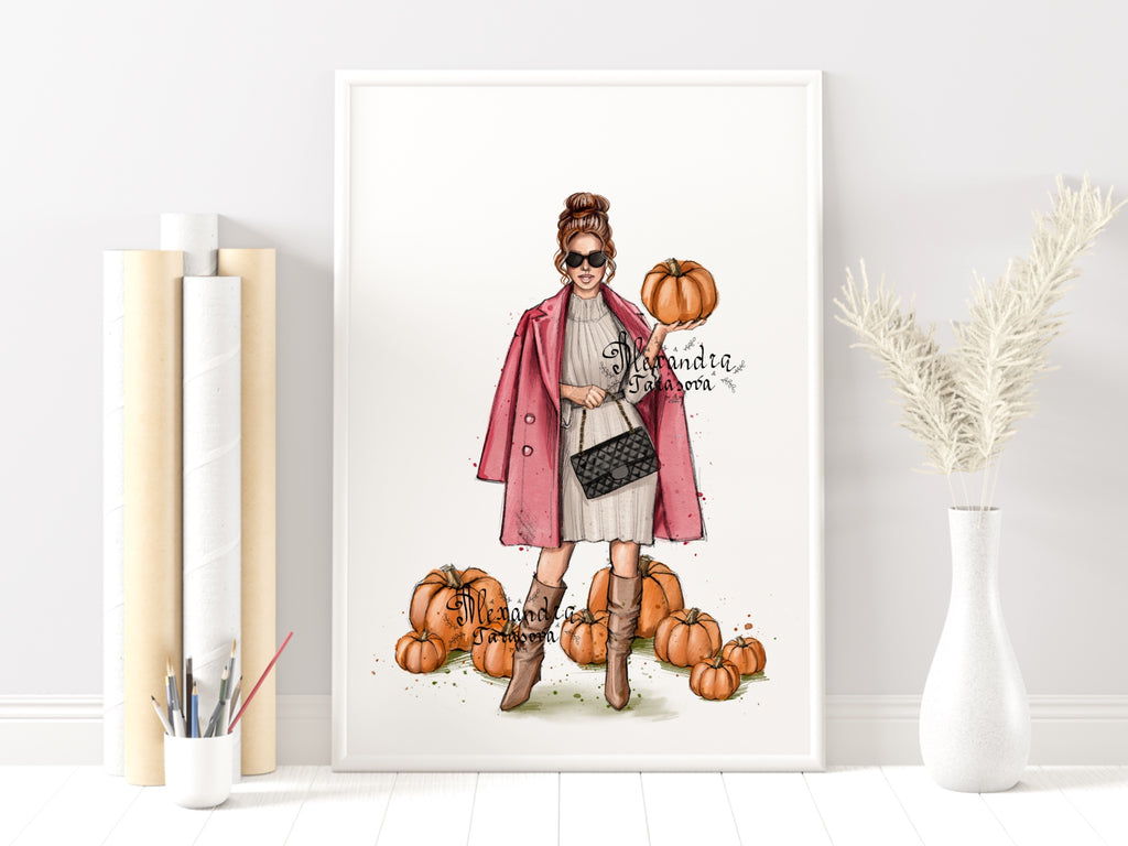 Digital watercolor illustration instant download fashion pumpkin