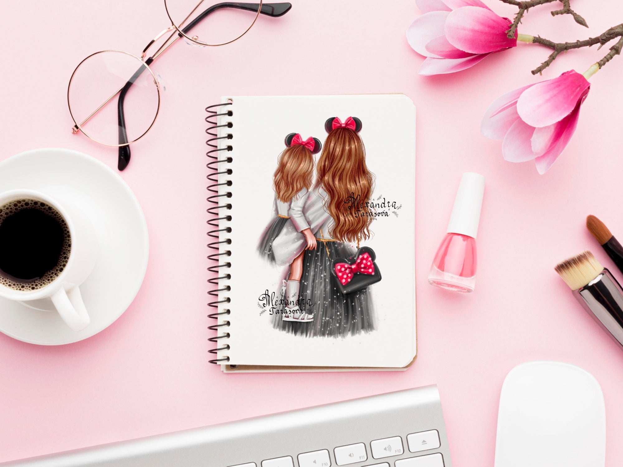 Digital Illustration Fashion Mother And Daughter Stylish Black Dress Trendy Hairstyles Watercolor Painting Printable Art