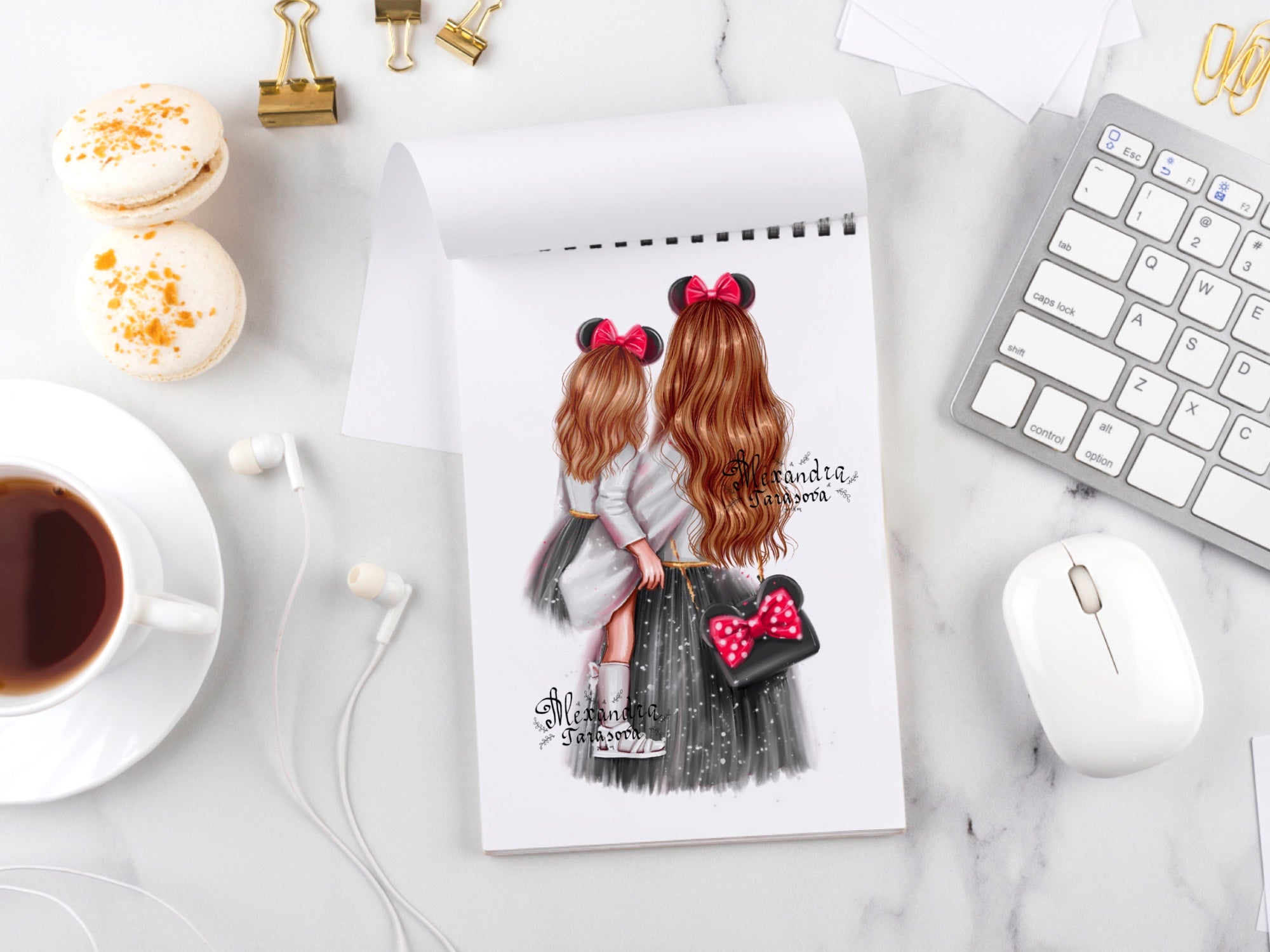 Digital Illustration Fashion Mother And Daughter Stylish Black Dress Trendy Hairstyles Watercolor Painting Printable Art