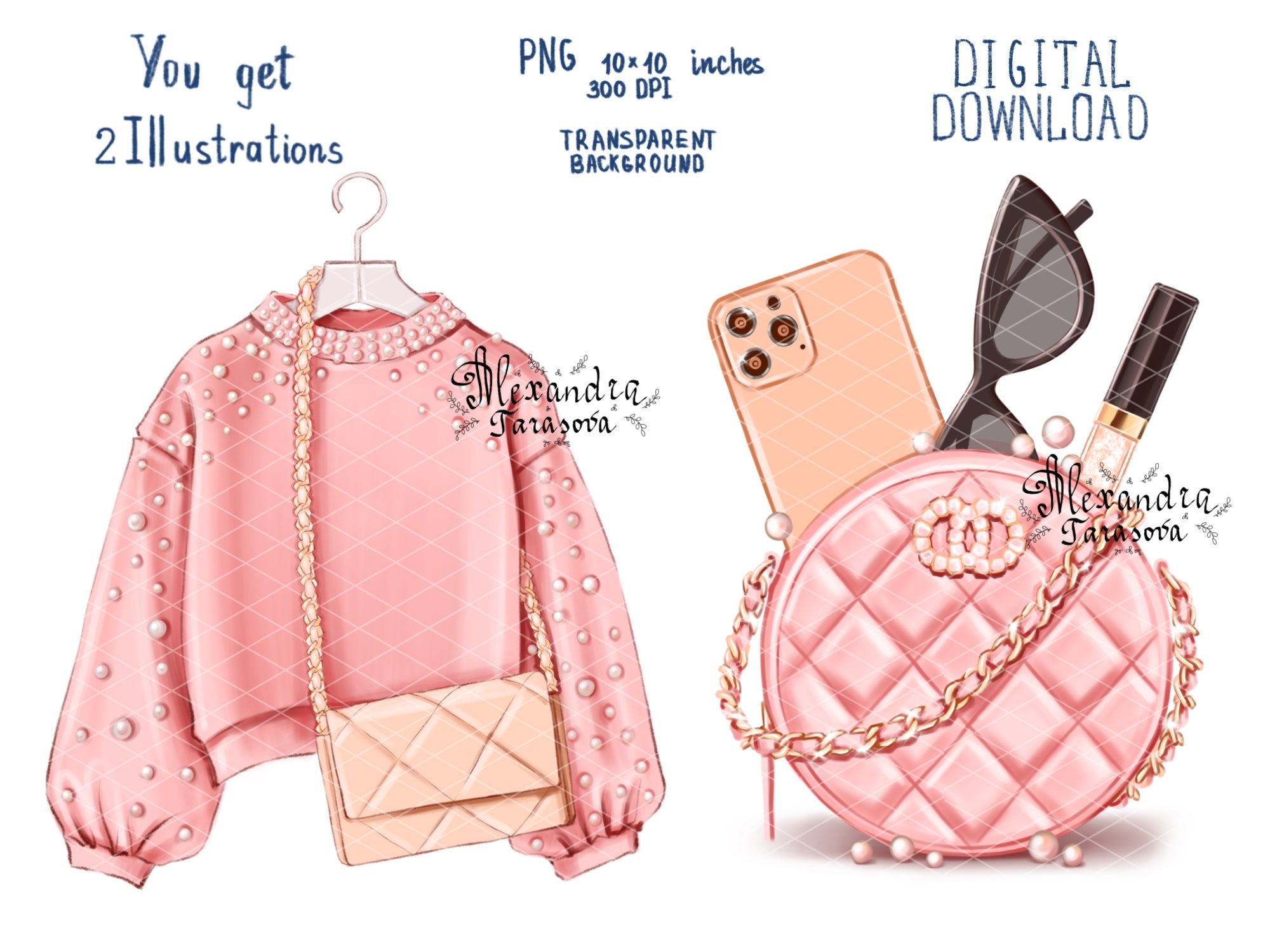 Digital Illustration Fashion Pink Bag Stylish Sunglasses Trendy Artwork Watercolor Painting Printable Art