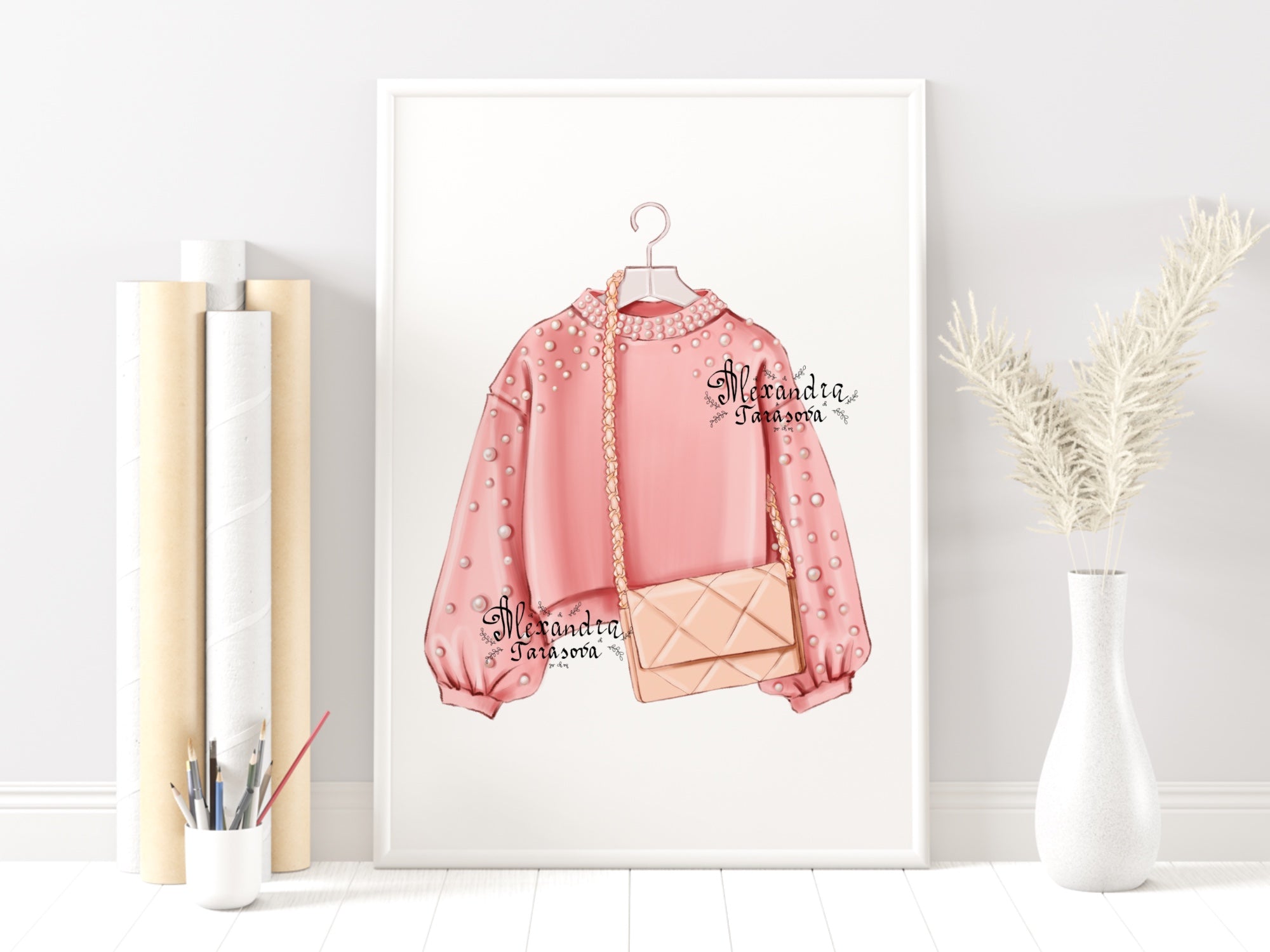 Digital Illustration Fashion Pink Bag Stylish Sunglasses Trendy Artwork Watercolor Painting Printable Art