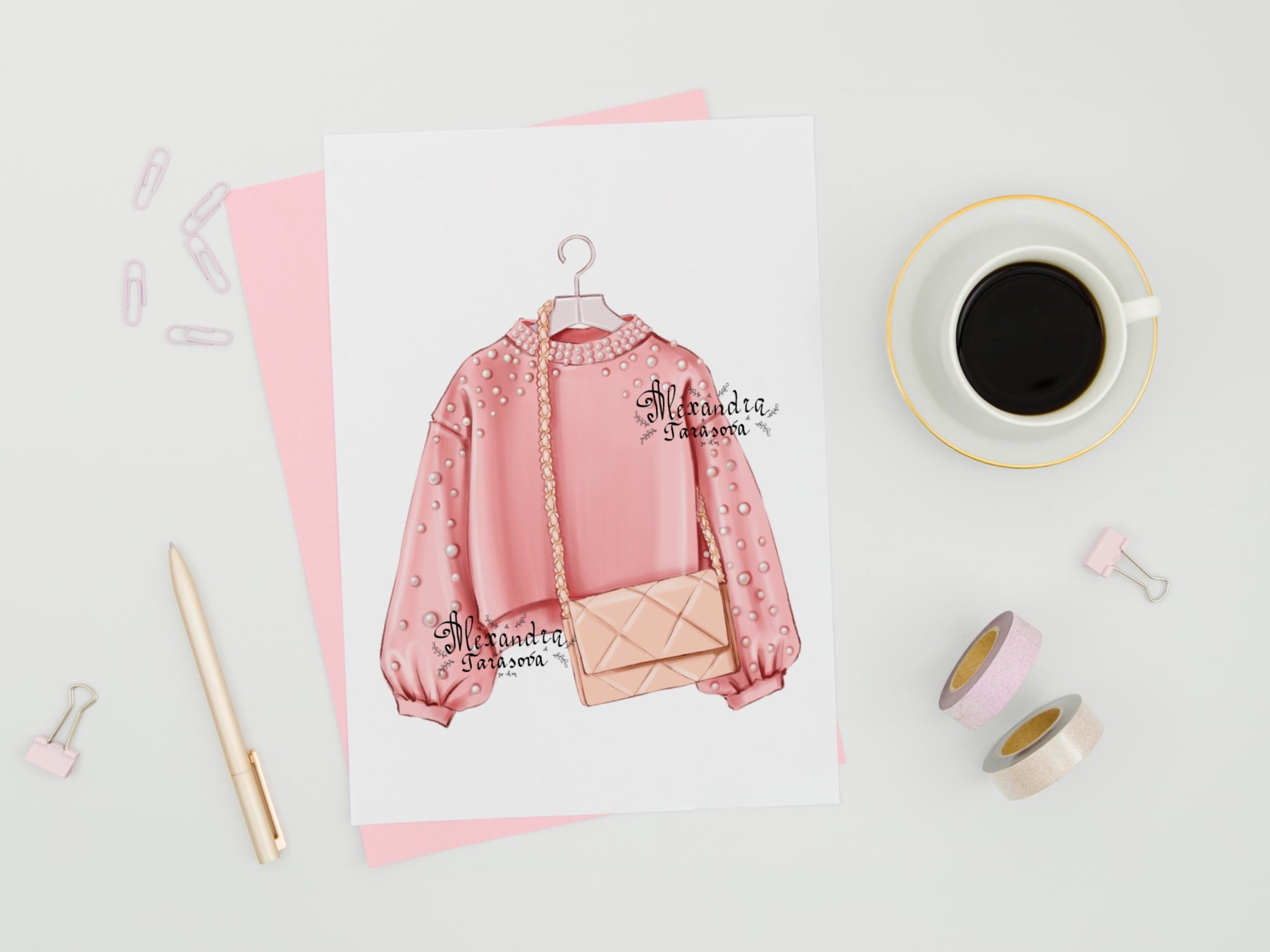 Digital Illustration Fashion Pink Bag Stylish Sunglasses Trendy Artwork Watercolor Painting Printable Art