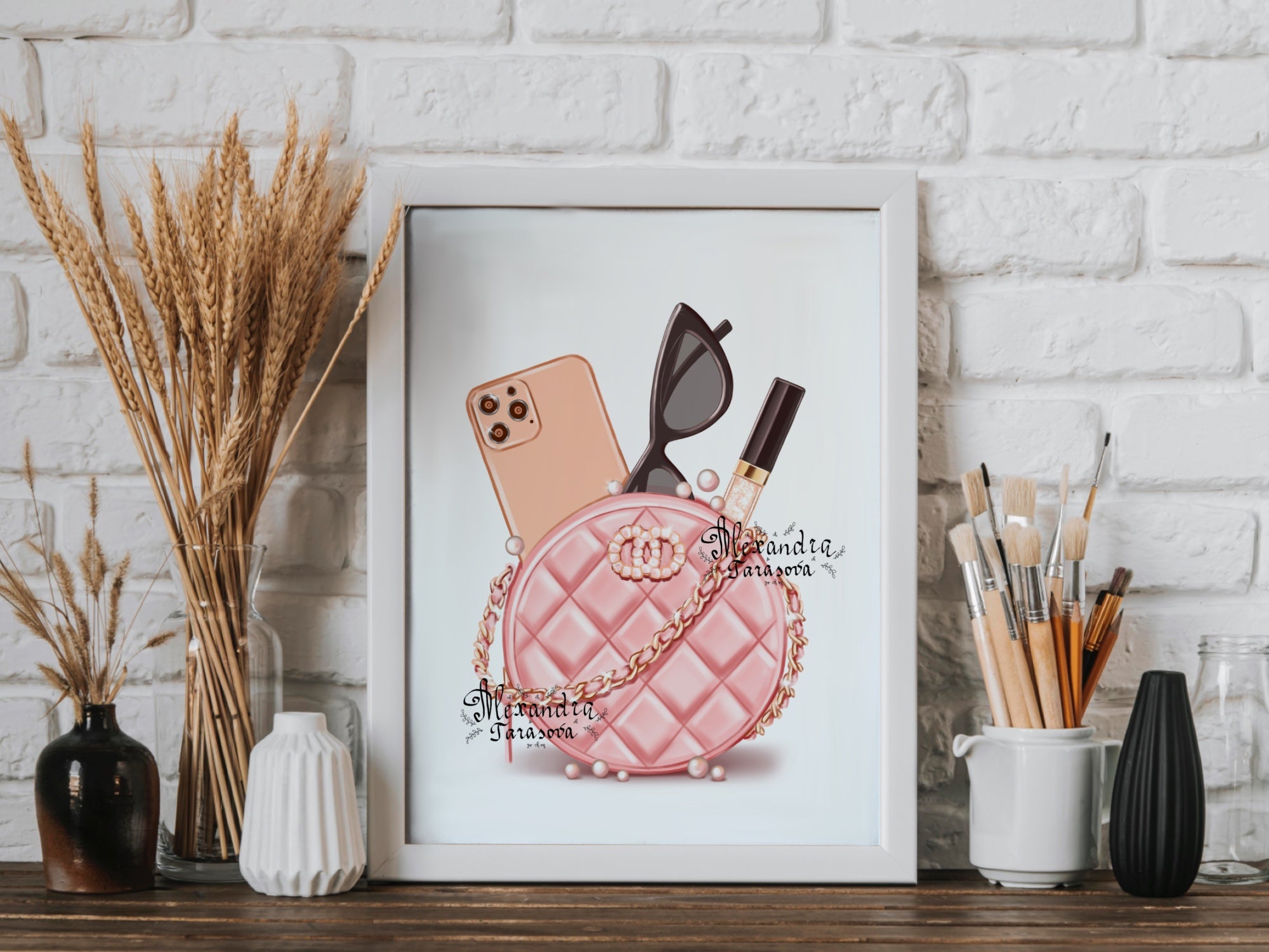 Digital Illustration Fashion Pink Bag Stylish Sunglasses Trendy Artwork Watercolor Painting Printable Art
