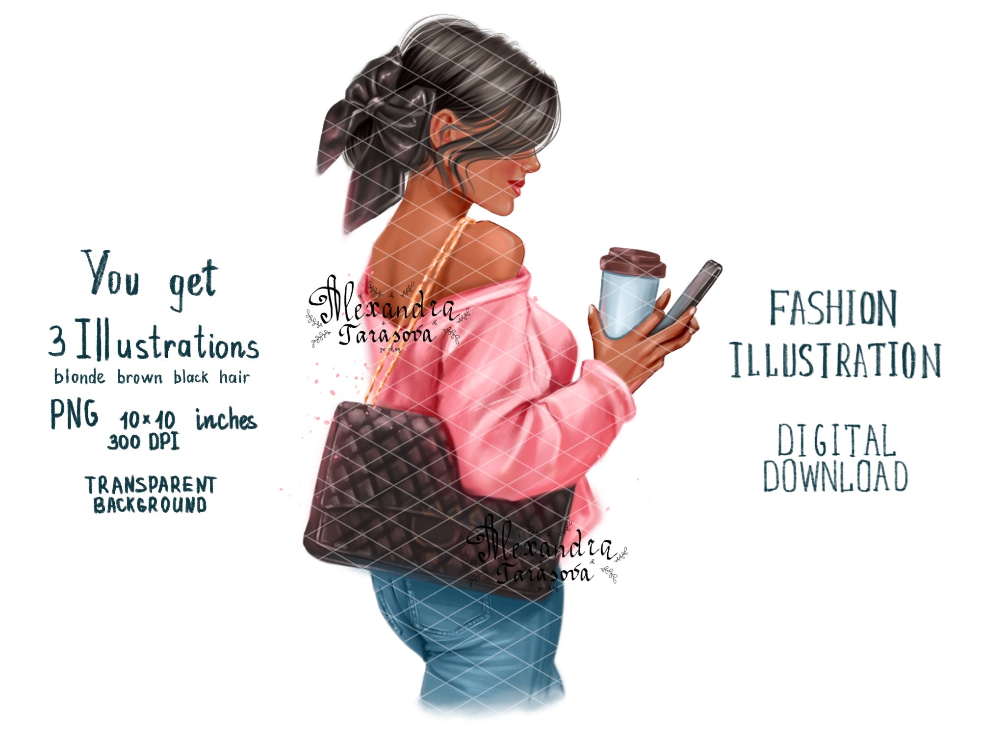 Digital Illustration Stylish Girl Trendy Hairstyles Bun Black Bow Delicious Coffee Boss Girl Fashion Black Bag