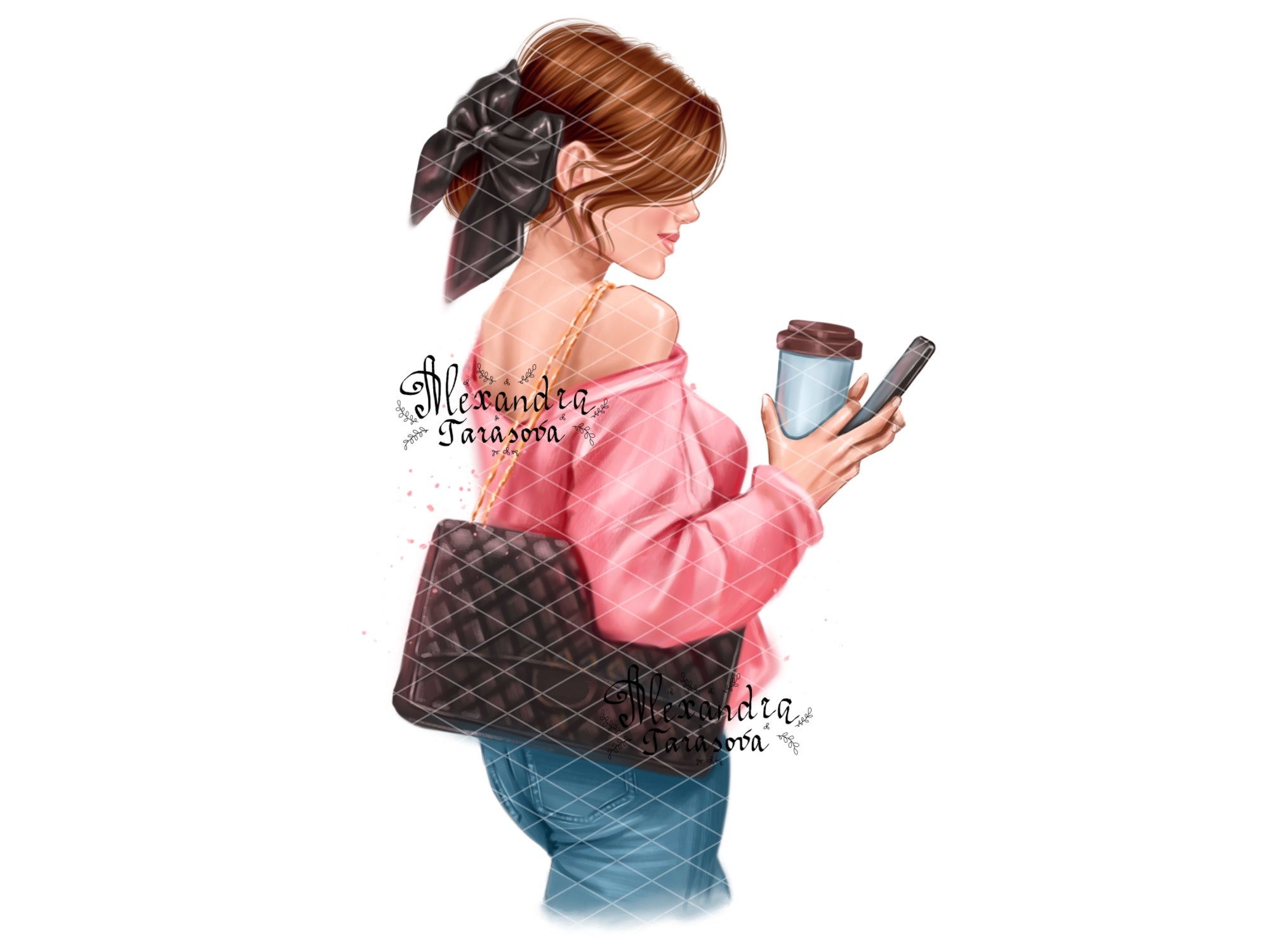 Digital Illustration Stylish Girl Trendy Hairstyles Bun Black Bow Delicious Coffee Boss Girl Fashion Black Bag