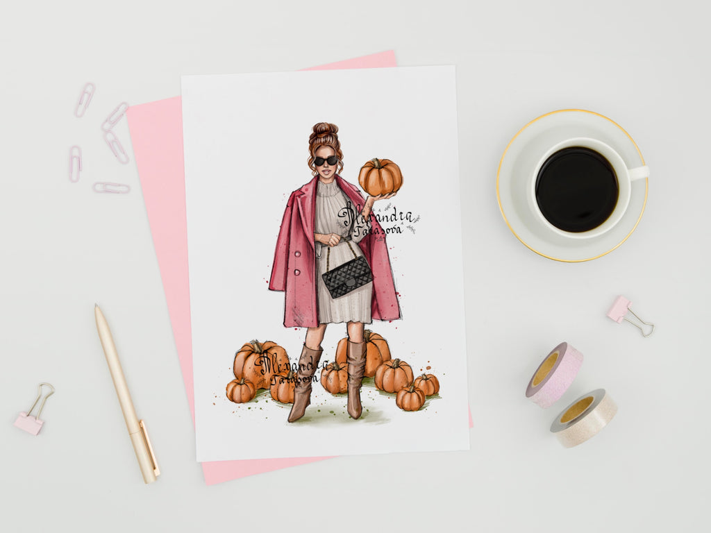 Digital watercolor illustration instant download fashion pumpkin