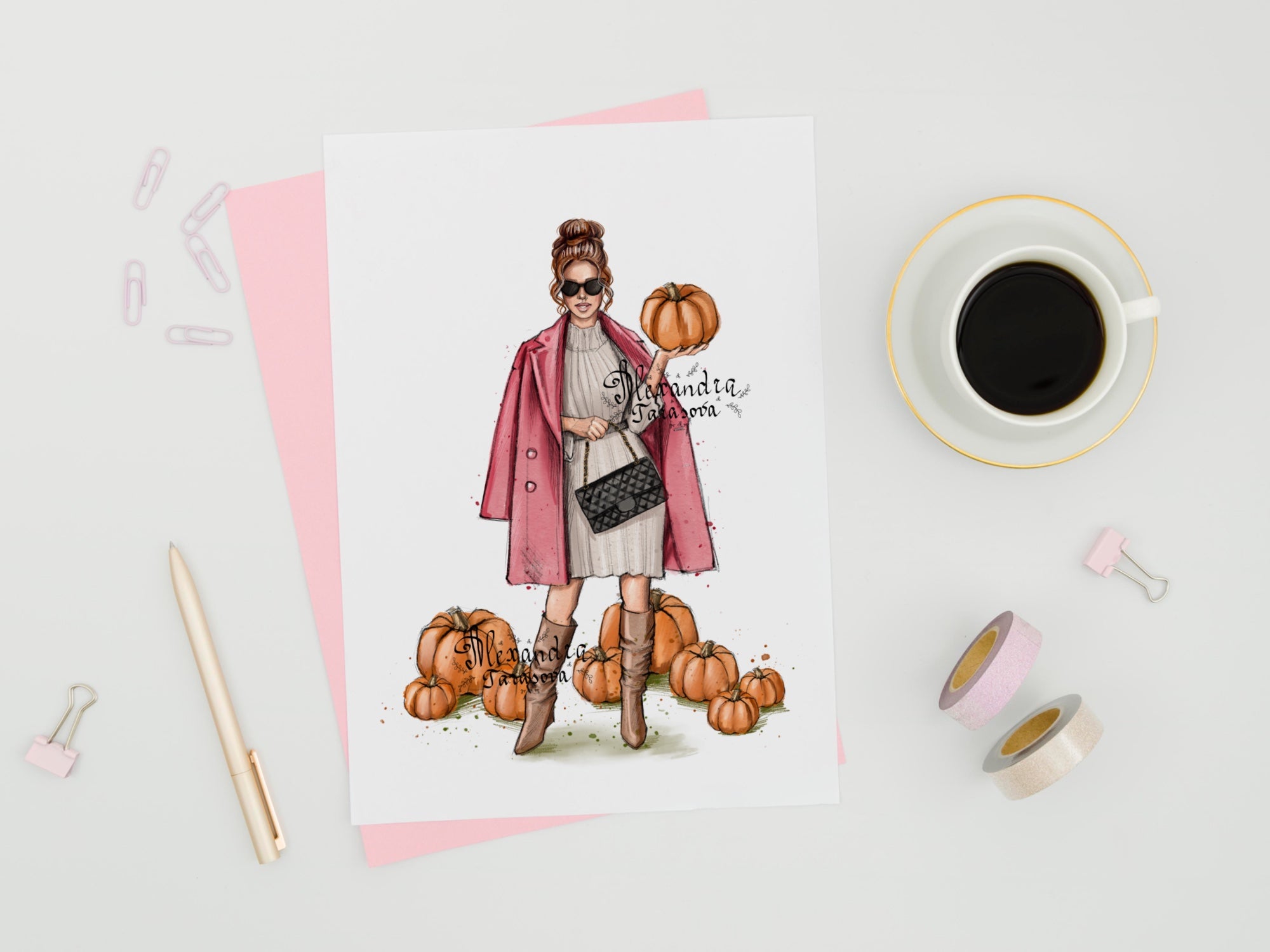 Digital watercolor illustration instant download fashion pumpkin