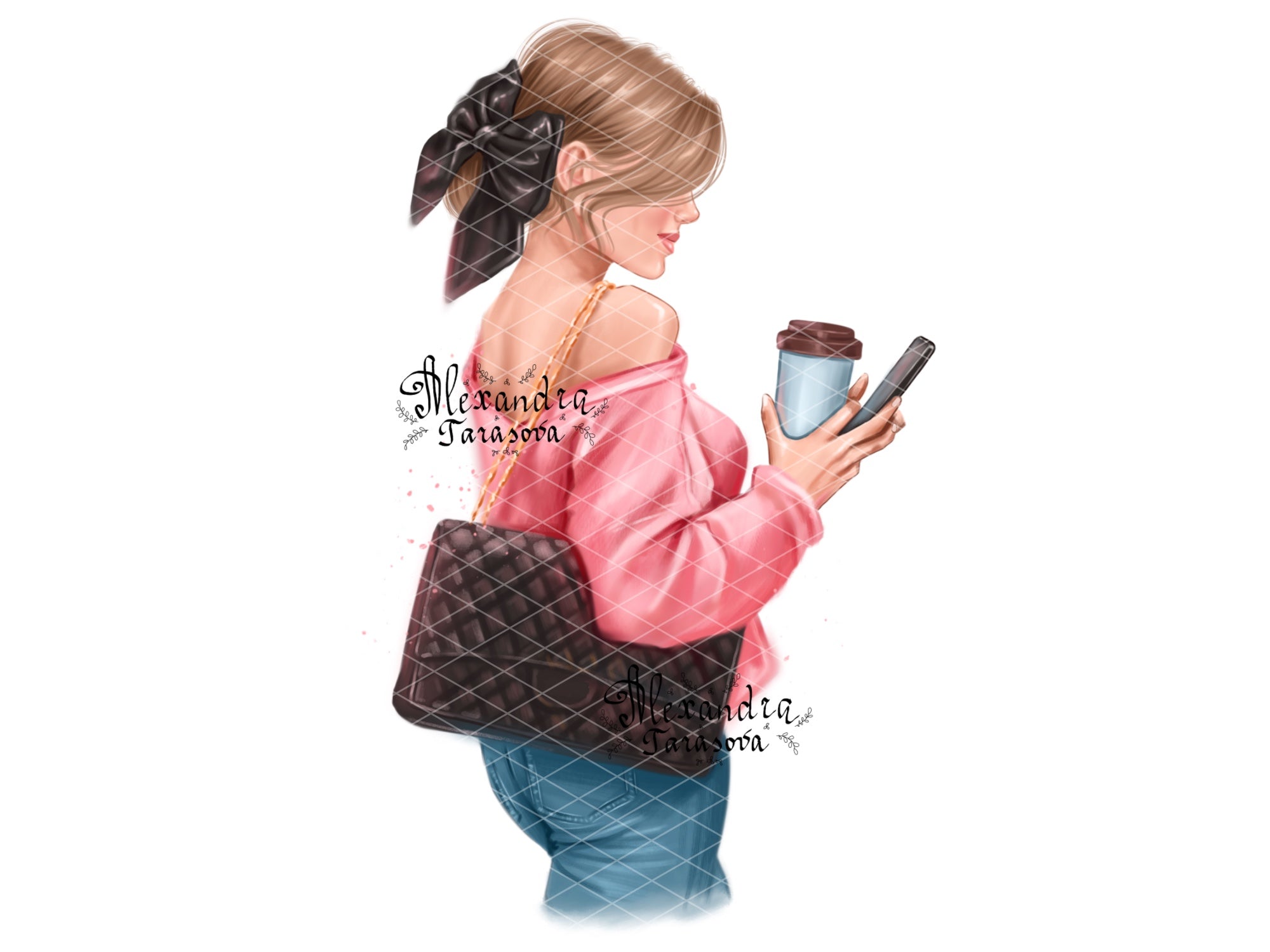 Digital Illustration Stylish Girl Trendy Hairstyles Bun Black Bow Delicious Coffee Boss Girl Fashion Black Bag