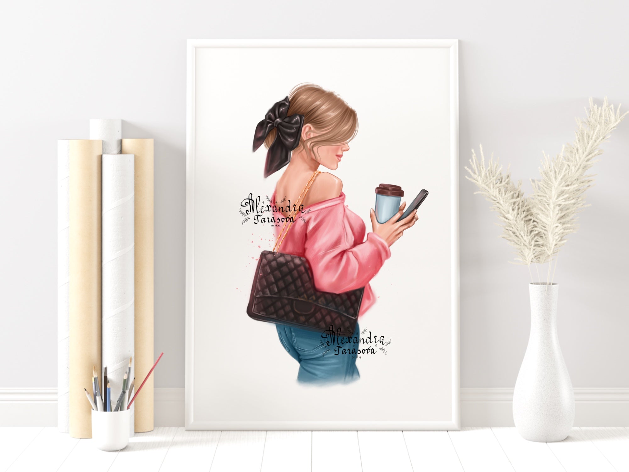 Digital Illustration Stylish Girl Trendy Hairstyles Bun Black Bow Delicious Coffee Boss Girl Fashion Black Bag
