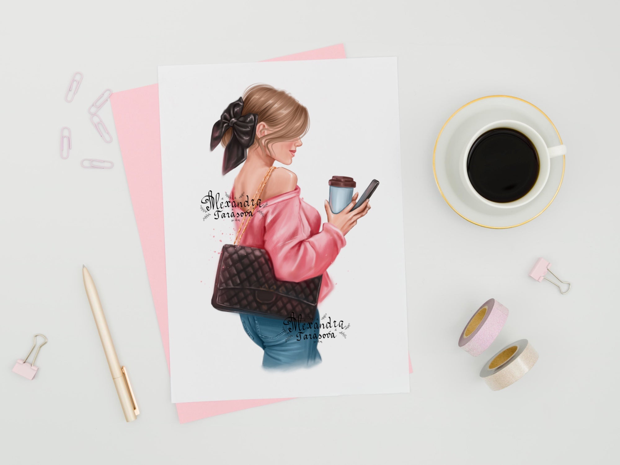 Digital Illustration Stylish Girl Trendy Hairstyles Bun Black Bow Delicious Coffee Boss Girl Fashion Black Bag