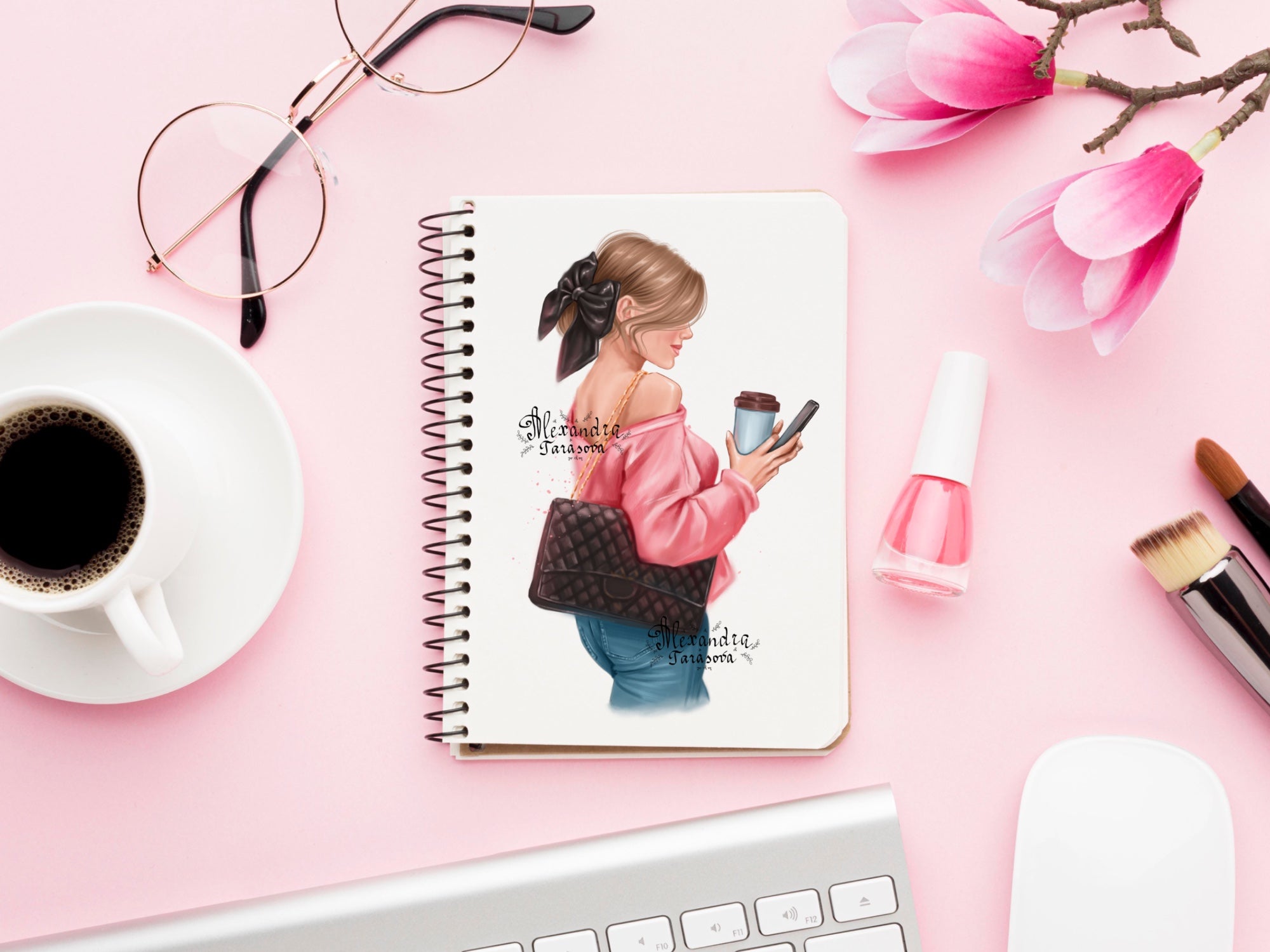 Digital Illustration Stylish Girl Trendy Hairstyles Bun Black Bow Delicious Coffee Boss Girl Fashion Black Bag
