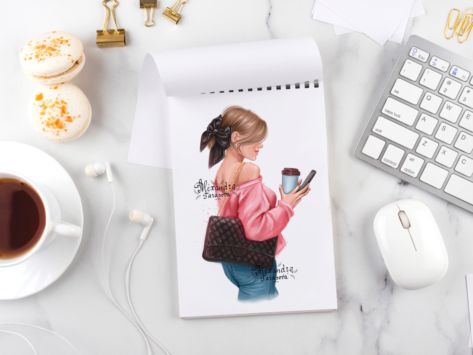 Digital Illustration Stylish Girl Trendy Hairstyles Bun Black Bow Delicious Coffee Boss Girl Fashion Black Bag