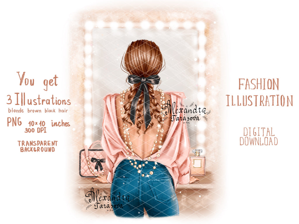 Digital Illustration Stylish Girl Trendy Hairstyles Ponytail Black Ribbon Bow Fashion Shirt Watercolor Painting Printable Art