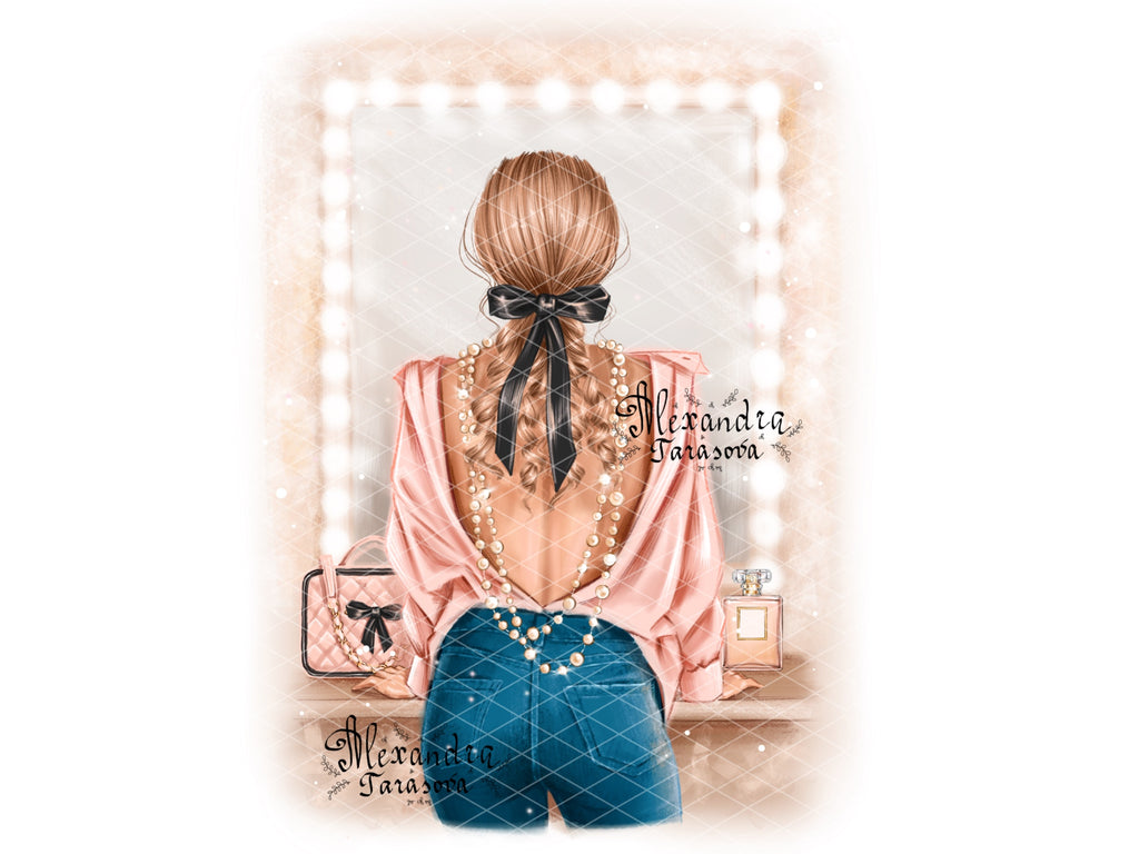 Digital Illustration Stylish Girl Trendy Hairstyles Ponytail Black Ribbon Bow Fashion Shirt Watercolor Painting Printable Art