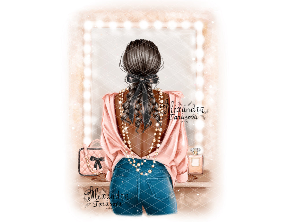 Digital Illustration Stylish Girl Trendy Hairstyles Ponytail Black Ribbon Bow Fashion Shirt Watercolor Painting Printable Art