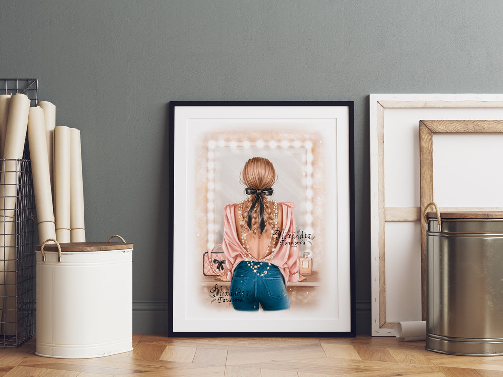 Digital Illustration Stylish Girl Trendy Hairstyles Ponytail Black Ribbon Bow Fashion Shirt Watercolor Painting Printable Art