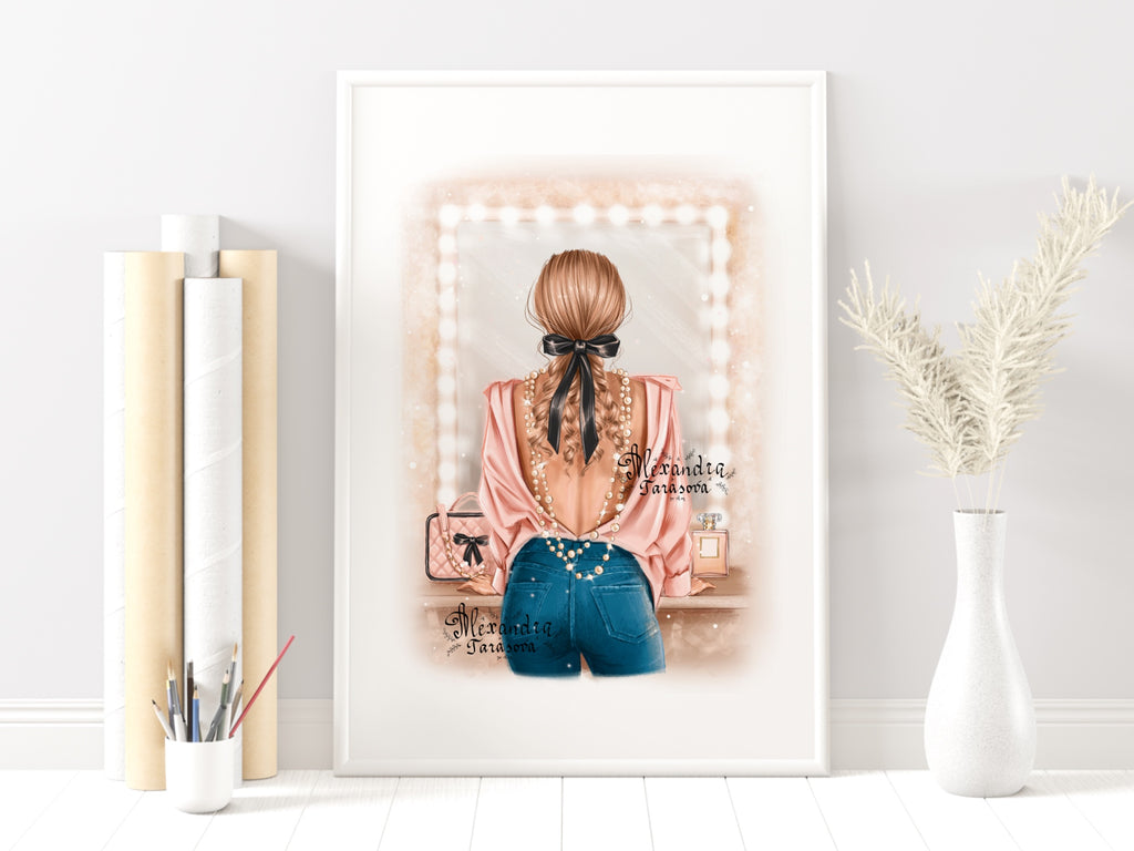 Digital Illustration Stylish Girl Trendy Hairstyles Ponytail Black Ribbon Bow Fashion Shirt Watercolor Painting Printable Art