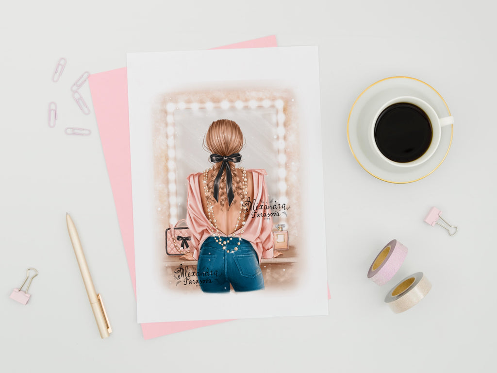 Digital Illustration Stylish Girl Trendy Hairstyles Ponytail Black Ribbon Bow Fashion Shirt Watercolor Painting Printable Art