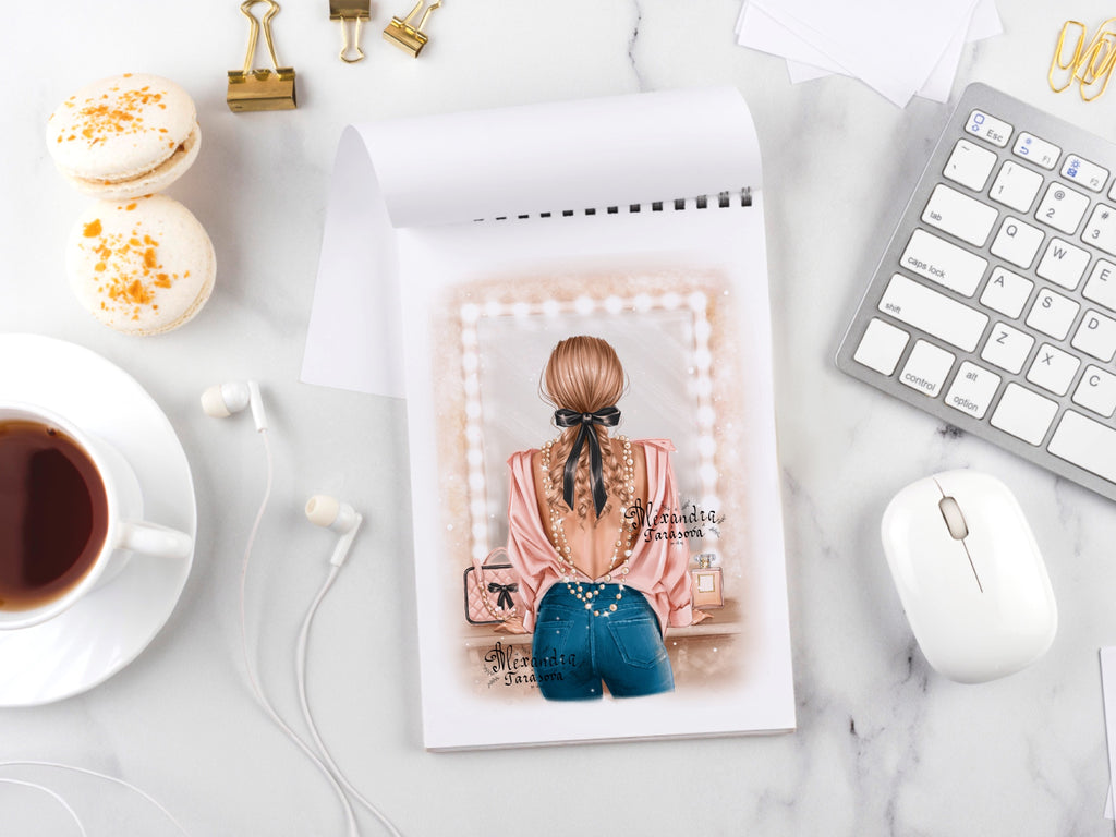 Digital Illustration Stylish Girl Trendy Hairstyles Ponytail Black Ribbon Bow Fashion Shirt Watercolor Painting Printable Art