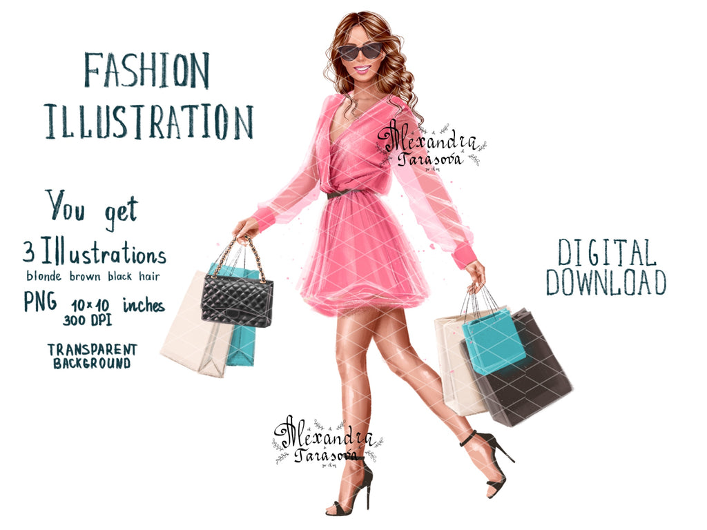 Digital Illustration Stylish Girl Trendy Pink Dress Shopping Bags Wavy Hairstyles Printable Art