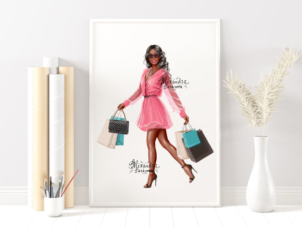 Digital Illustration Stylish Girl Trendy Pink Dress Shopping Bags Wavy Hairstyles Printable Art