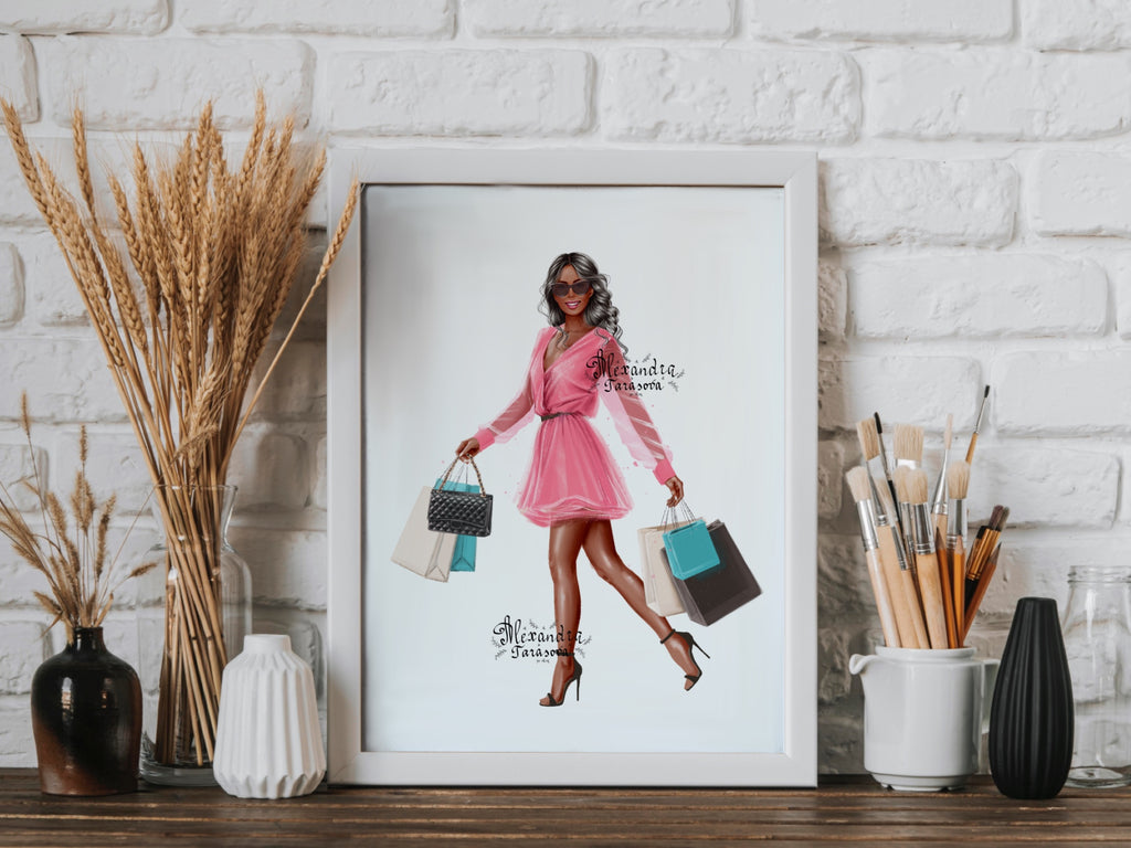 Digital Illustration Stylish Girl Trendy Pink Dress Shopping Bags Wavy Hairstyles Printable Art