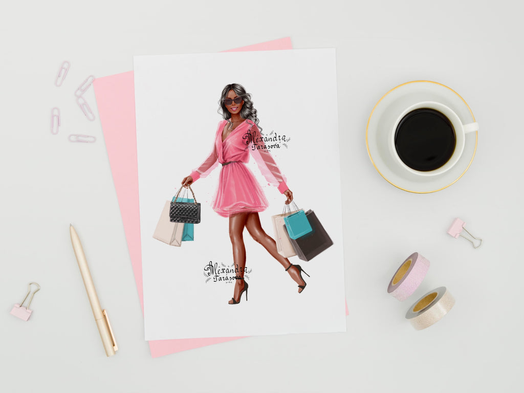 Digital Illustration Stylish Girl Trendy Pink Dress Shopping Bags Wavy Hairstyles Printable Art