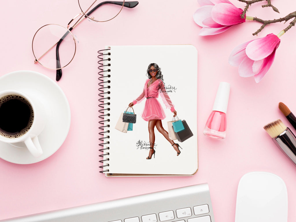 Digital Illustration Stylish Girl Trendy Pink Dress Shopping Bags Wavy Hairstyles Printable Art